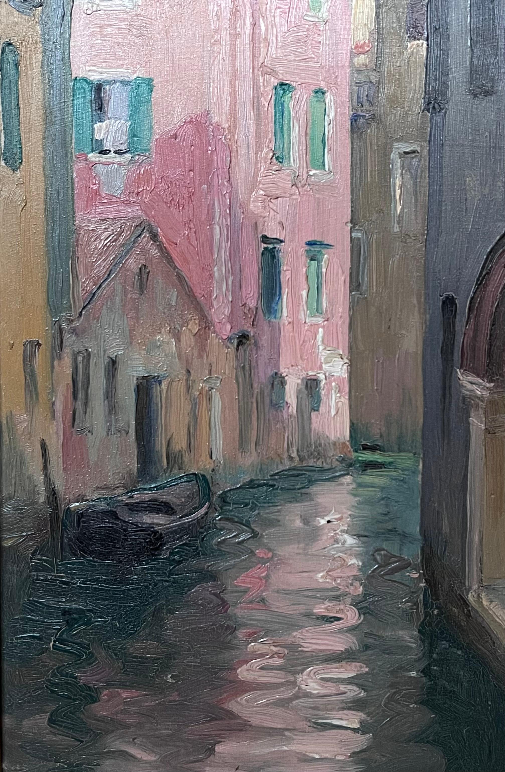 Frühe 1900's Französisch Impressionist Öl Skizze Ruhige venezianischen Backwater-Kanal (Post-Impressionismus), Painting, von Etienne Auguste Krier 