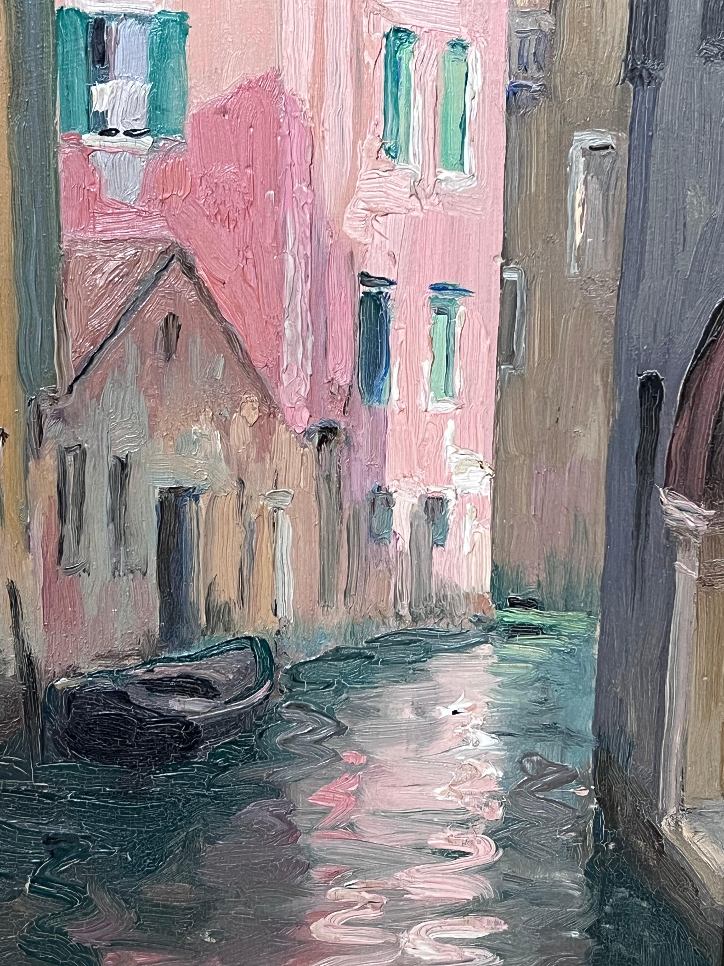 Frühe 1900's Französisch Impressionist Öl Skizze Ruhige venezianischen Backwater-Kanal (Schwarz), Landscape Painting, von Etienne Auguste Krier 