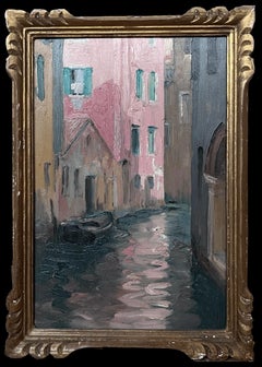 Frühe 1900's Französisch Impressionist Öl Skizze Ruhige venezianischen Backwater-Kanal