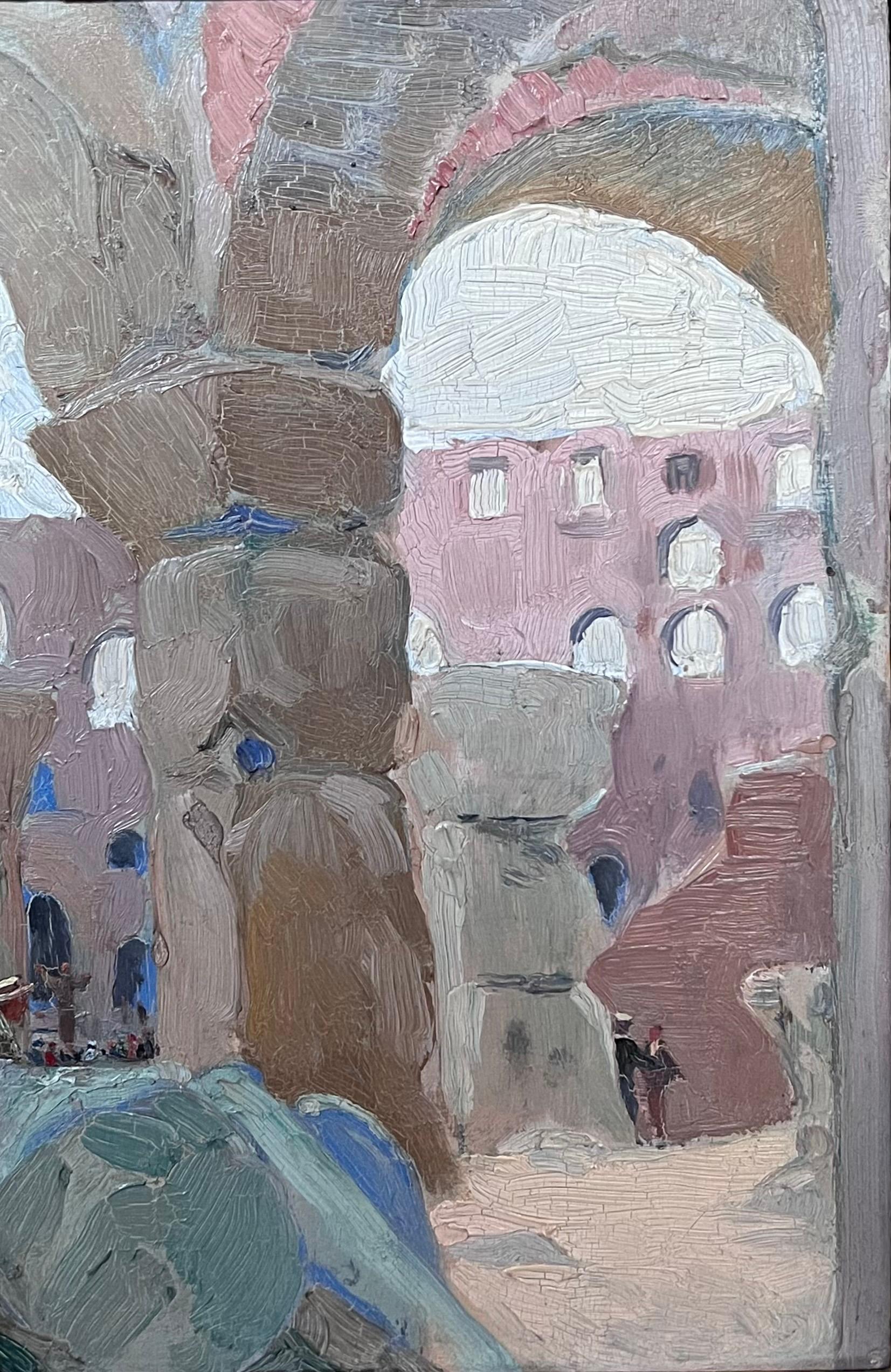 Fine 1900's Französisch Impressionist Ölgemälde Reisende Bewunderung antiken Ruinen – Painting von Etienne Auguste Krier 