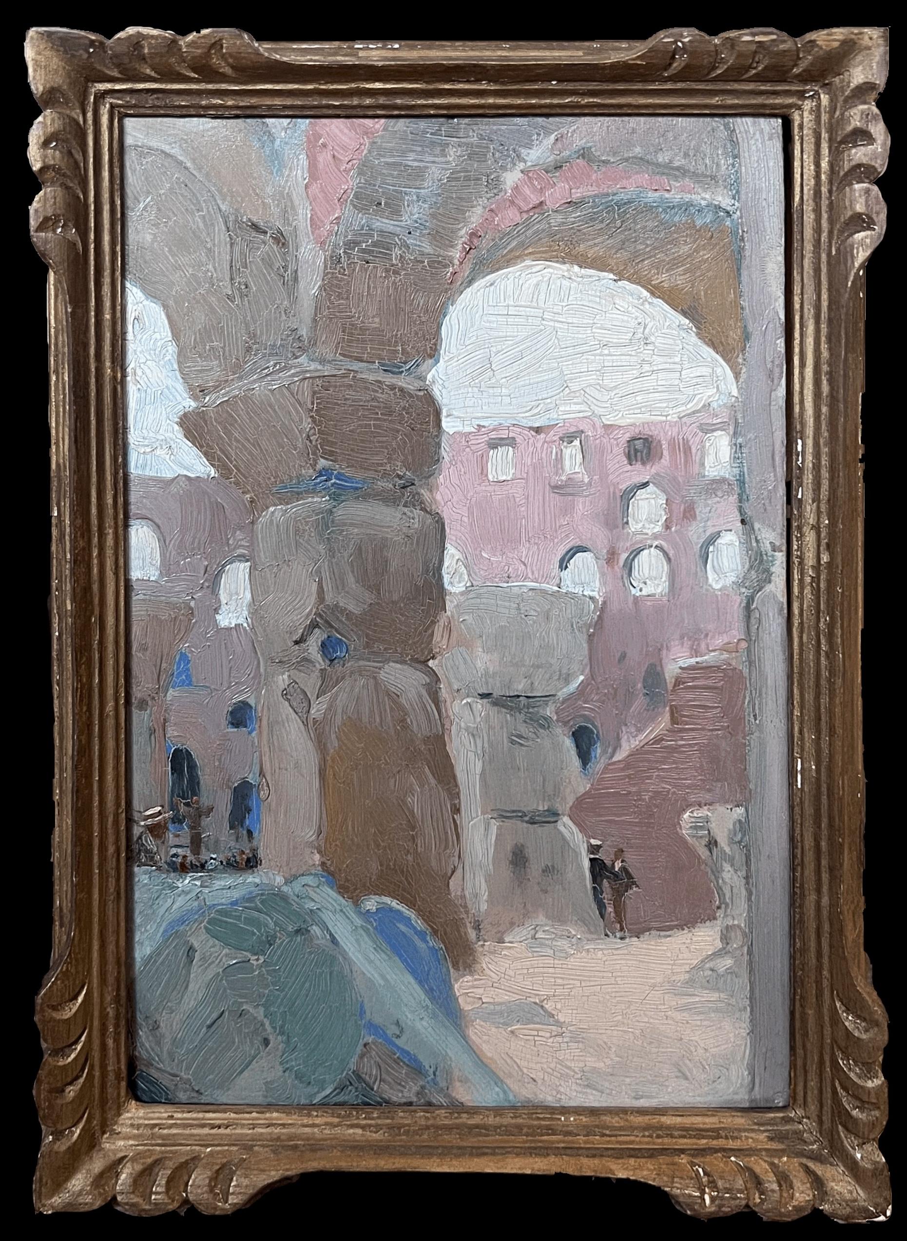 Fine 1900's Französisch Impressionist Ölgemälde Reisende Bewunderung antiken Ruinen