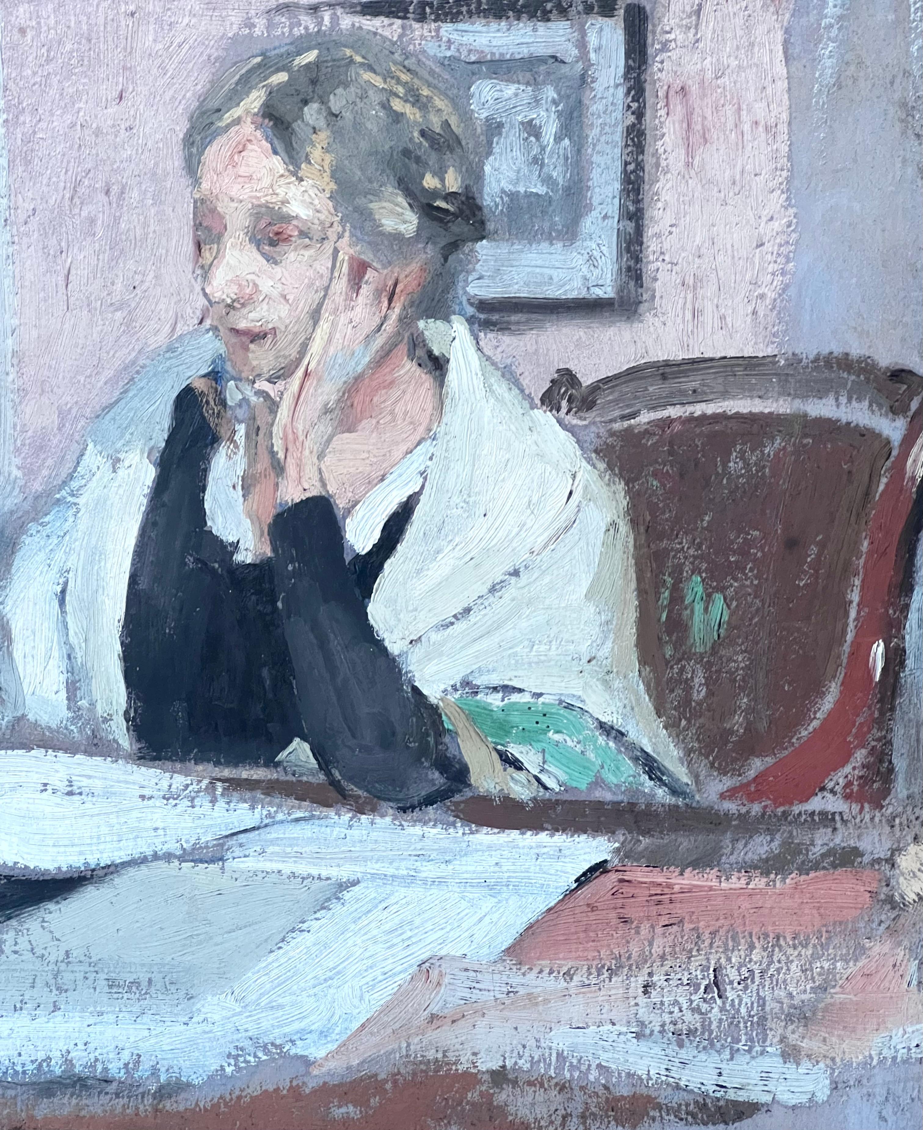 Französische impressionistische Gemälde Künstlerin, Mutter, das am Schreibtisch liest, im Interieur, 1930er Jahre – Painting von Etienne Auguste Krier (French, 1875-1953)