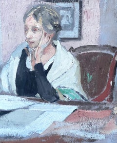 1930's French Impressionist Painting Artists Mother Reading at Desk in Interior