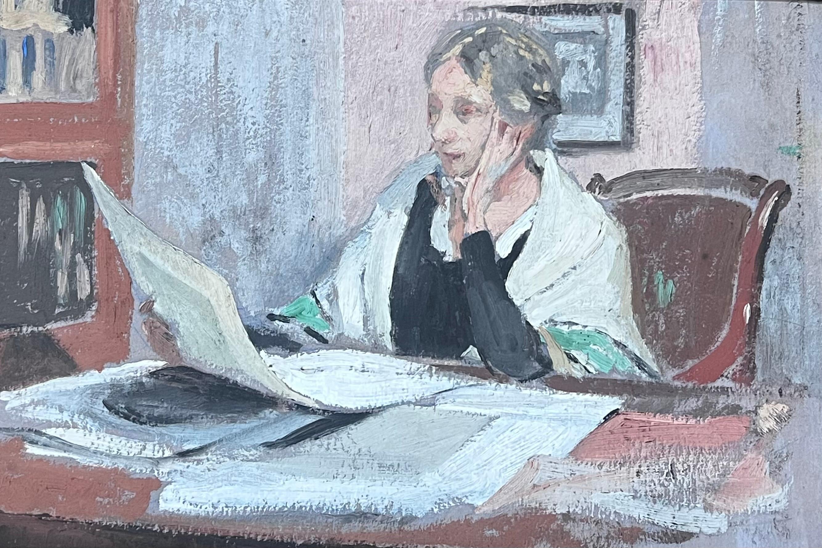 Französische impressionistische Gemälde Künstlerin, Mutter, das am Schreibtisch liest, im Interieur, 1930er Jahre (Impressionismus), Painting, von Etienne Auguste Krier (French, 1875-1953)