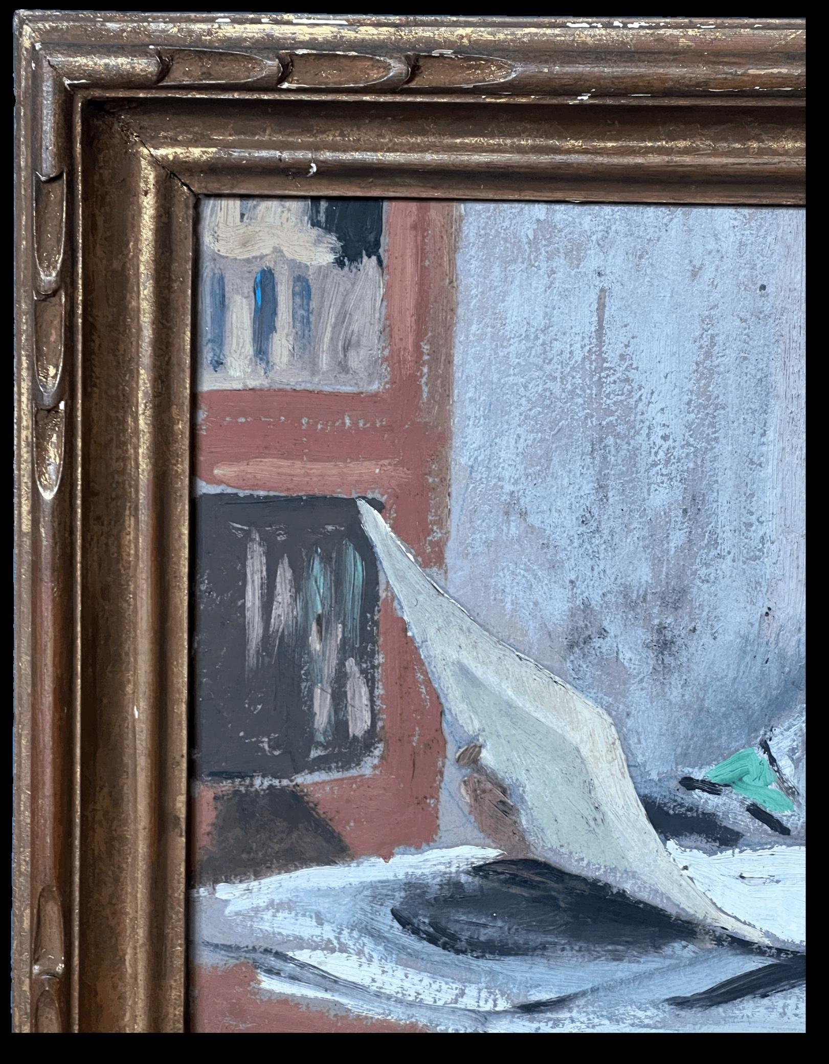 Französische impressionistische Gemälde Künstlerin, Mutter, das am Schreibtisch liest, im Interieur, 1930er Jahre (Grau), Portrait Painting, von Etienne Auguste Krier (French, 1875-1953)