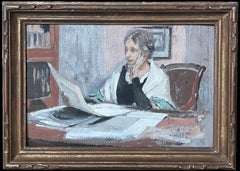 Pittura impressionista francese del 1930 Madre che legge alla scrivania in un interno