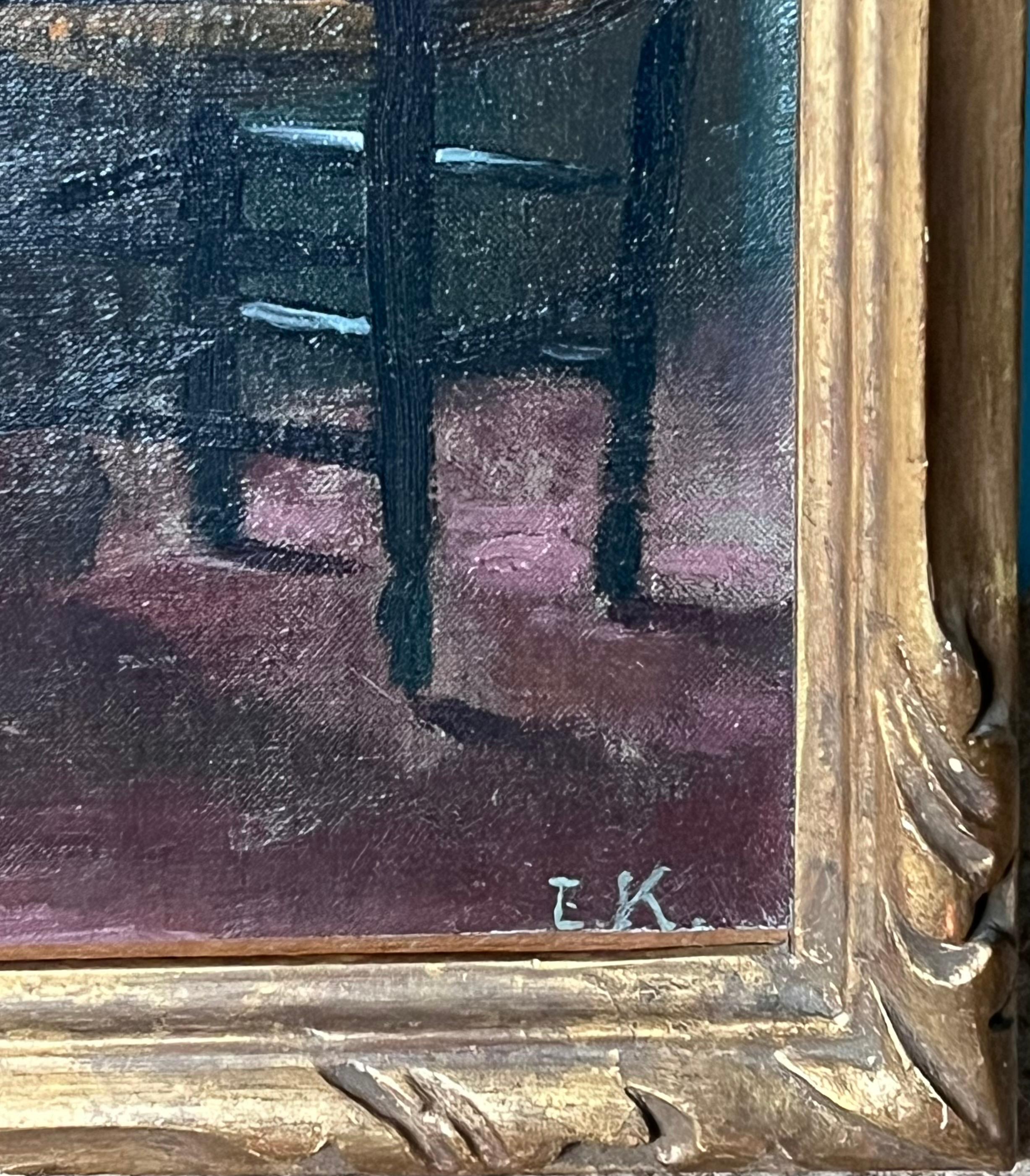 Pintura francesa de 1930 Escena interior Dama sentada junto a la ventana, Pintura al óleo enmarcada - Painting Impresionista de Etienne Auguste Krier (French, 1875-1953)
