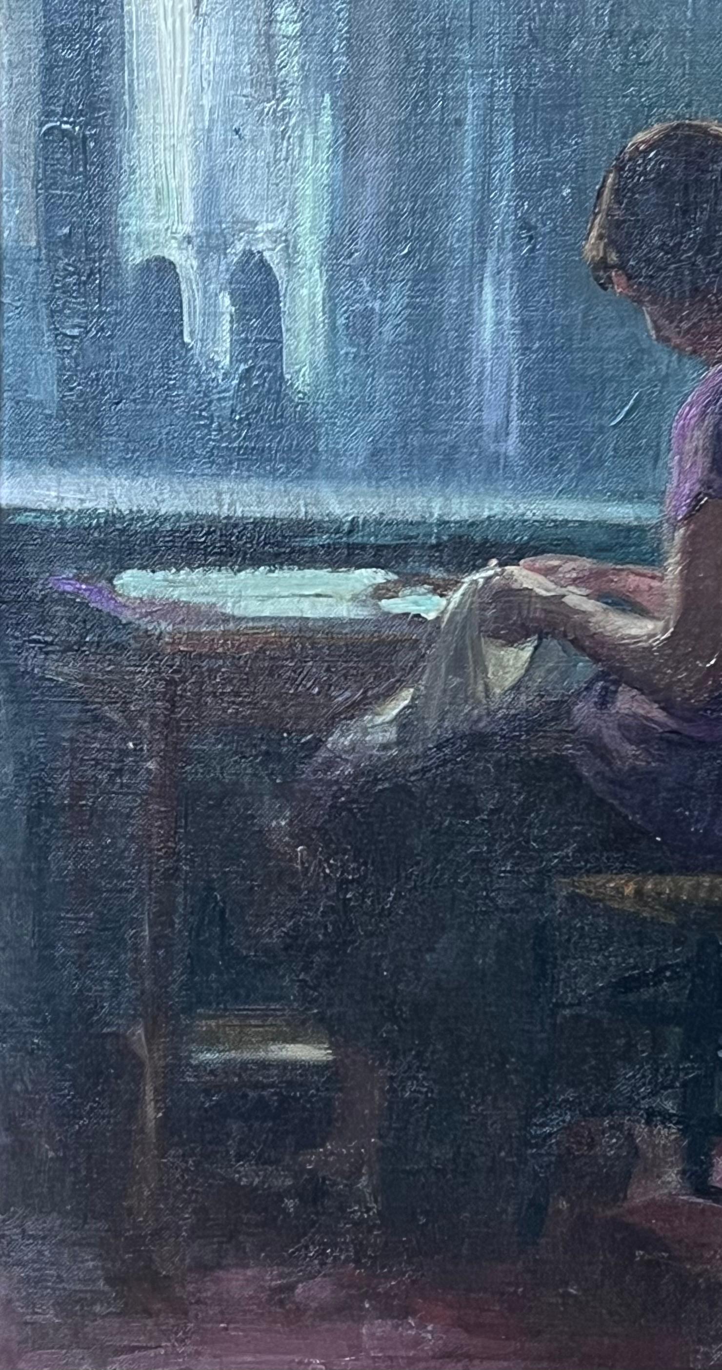 Pintura francesa de 1930 Escena interior Dama sentada junto a la ventana, Pintura al óleo enmarcada - Figurative Painting Negro de Etienne Auguste Krier (French, 1875-1953)