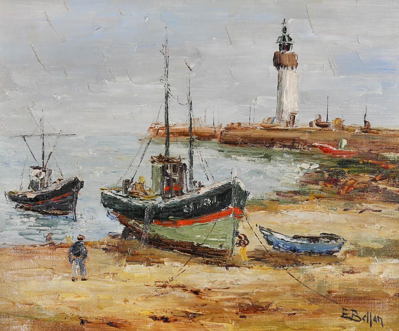 Etienne Bellan (1922-2000) - Framed 20th Century Oil, Anchored at Low Tide For Sale 1