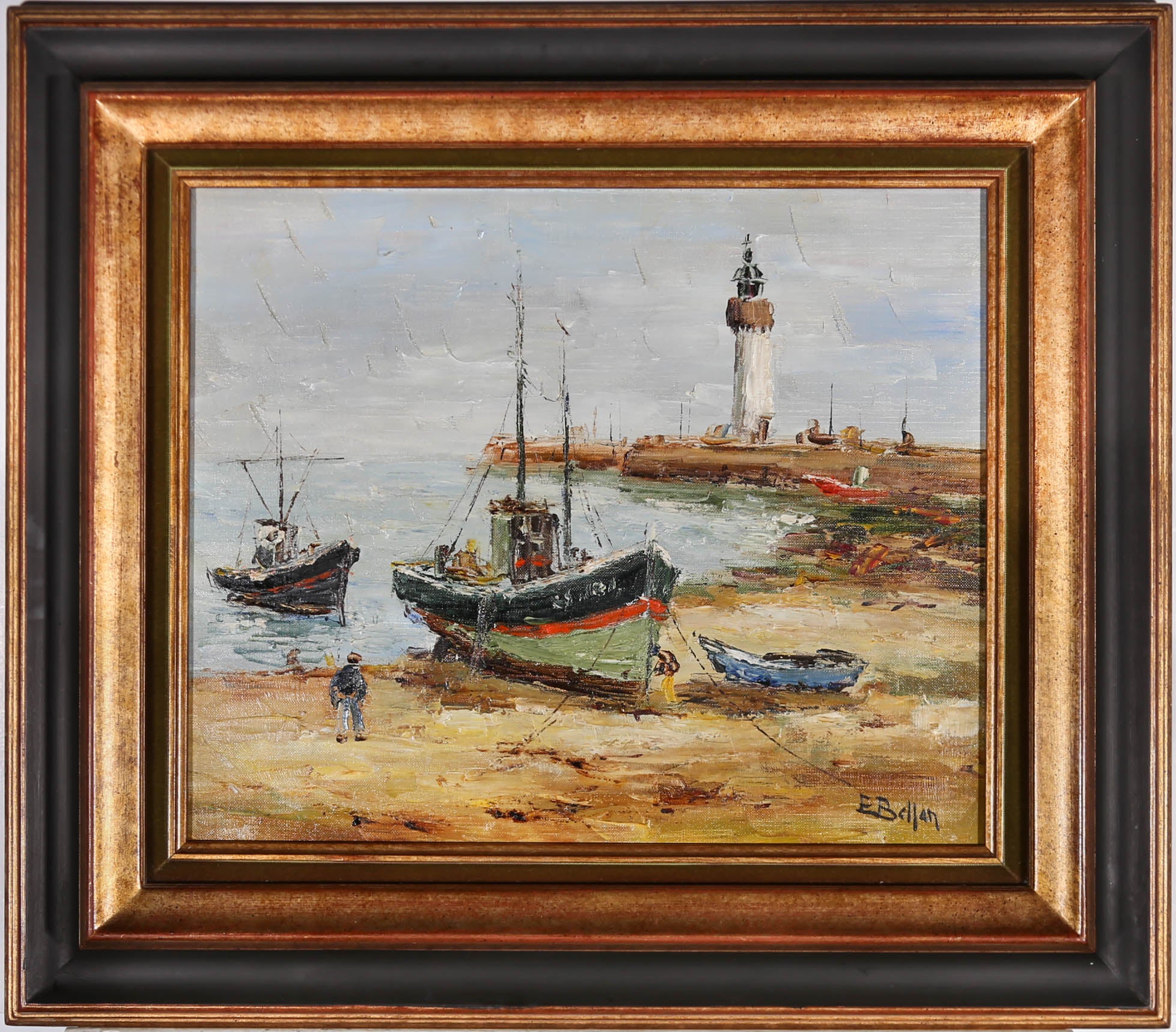 An expressive, impasto seascape by French artist Etienne Bellan (1922-2000) depicting an anchored fishing boat before a lighthouse. The painting is signed to the lower left-hand corner. Well presented in a velvet slip and striking black and gilt