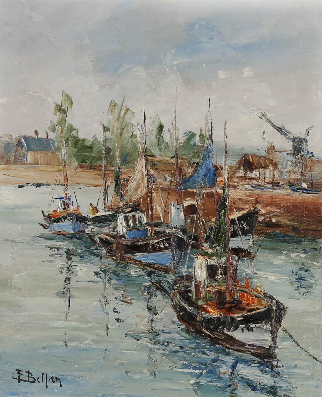 Etienne Bellan (1922-2000) - Framed French School Oil, Fishing Boats At Honfleur For Sale 1