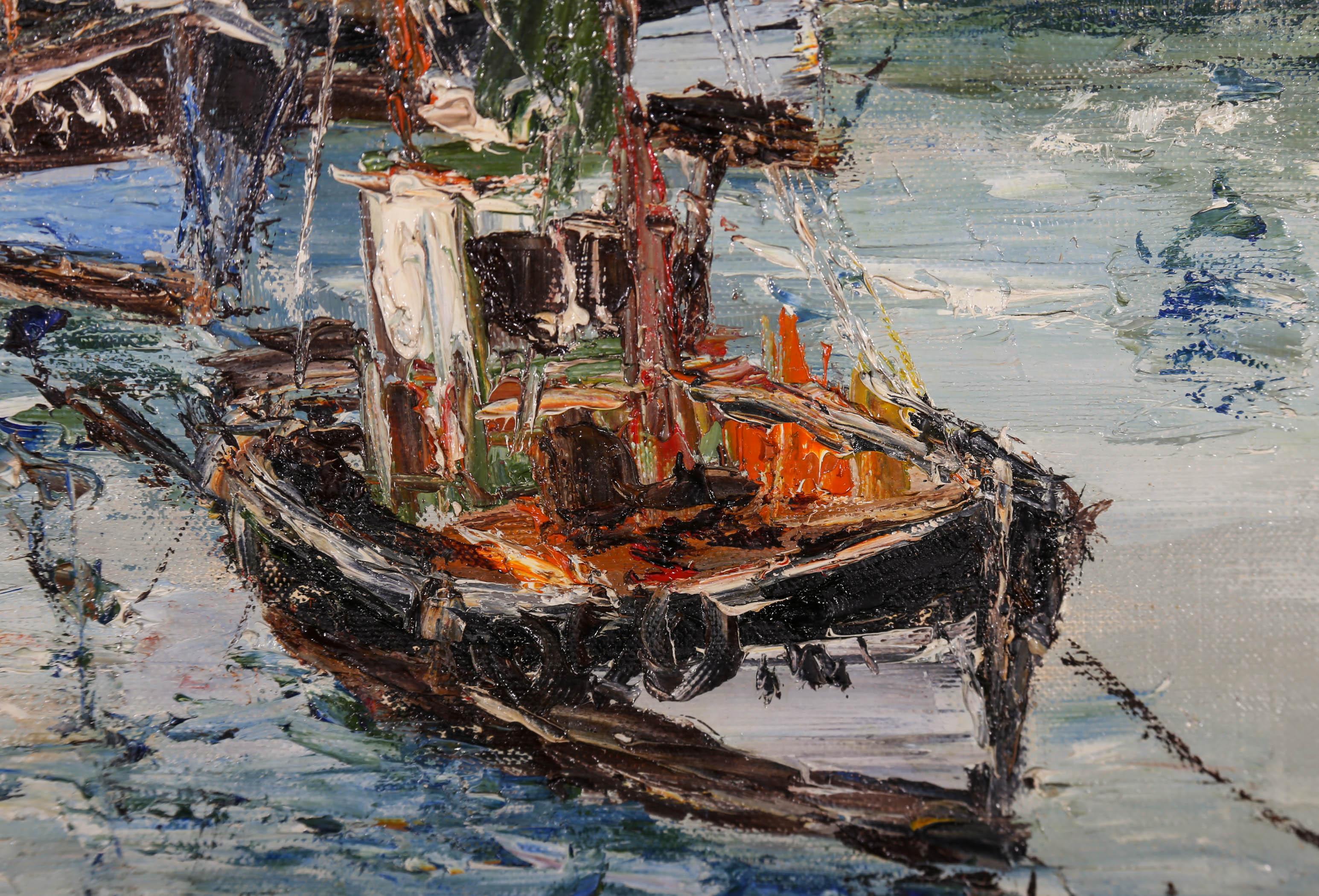 Etienne Bellan (1922-2000) - Framed French School Oil, Fishing Boats At Honfleur For Sale 4