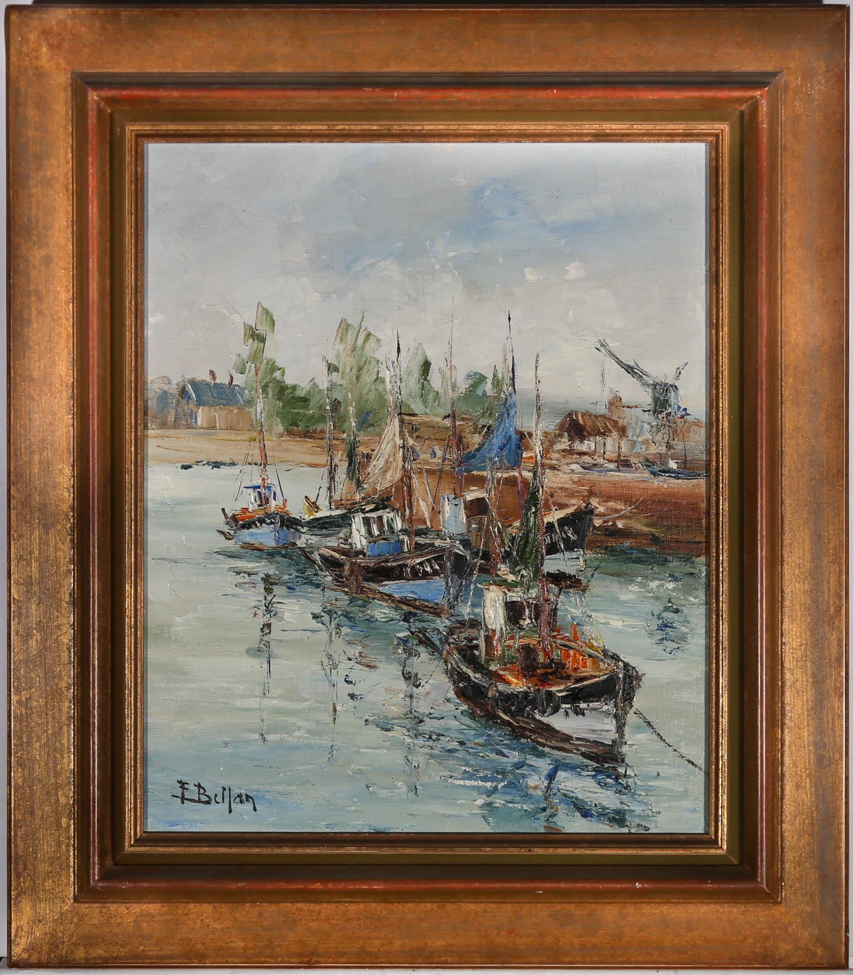 This wonderful impasto seascape by Etienne Bellan (1922-2000) depicting colourful fishing boats moored off a quay in the picture-perfect harbour location of Honfleur, Normandy. The painting is signed to the lower left-hand corner. Well presented in