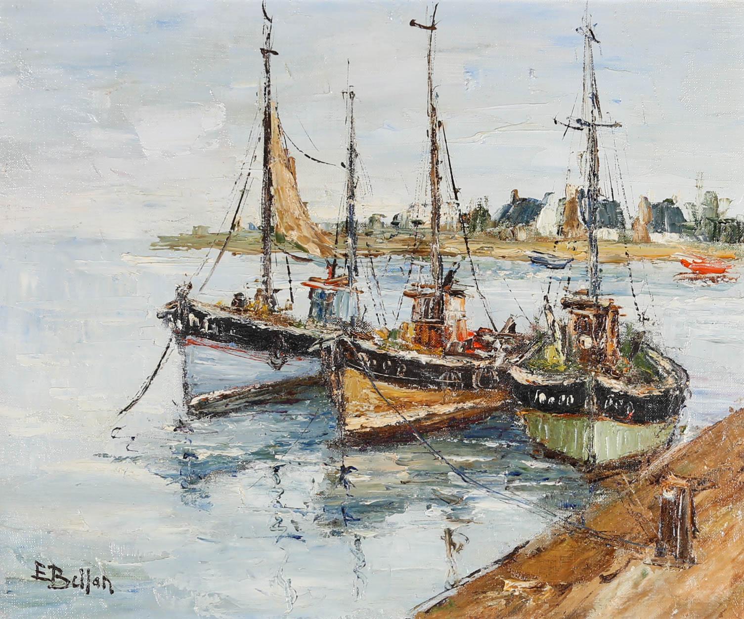 Etienne Bellan (1922-2000) - Framed Oil, Three Fishing Boats at the Quayside For Sale 1