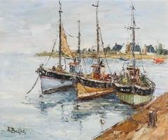 Etienne Bellan (1922-2000) - Framed Oil, Three Fishing Boats at the Quayside