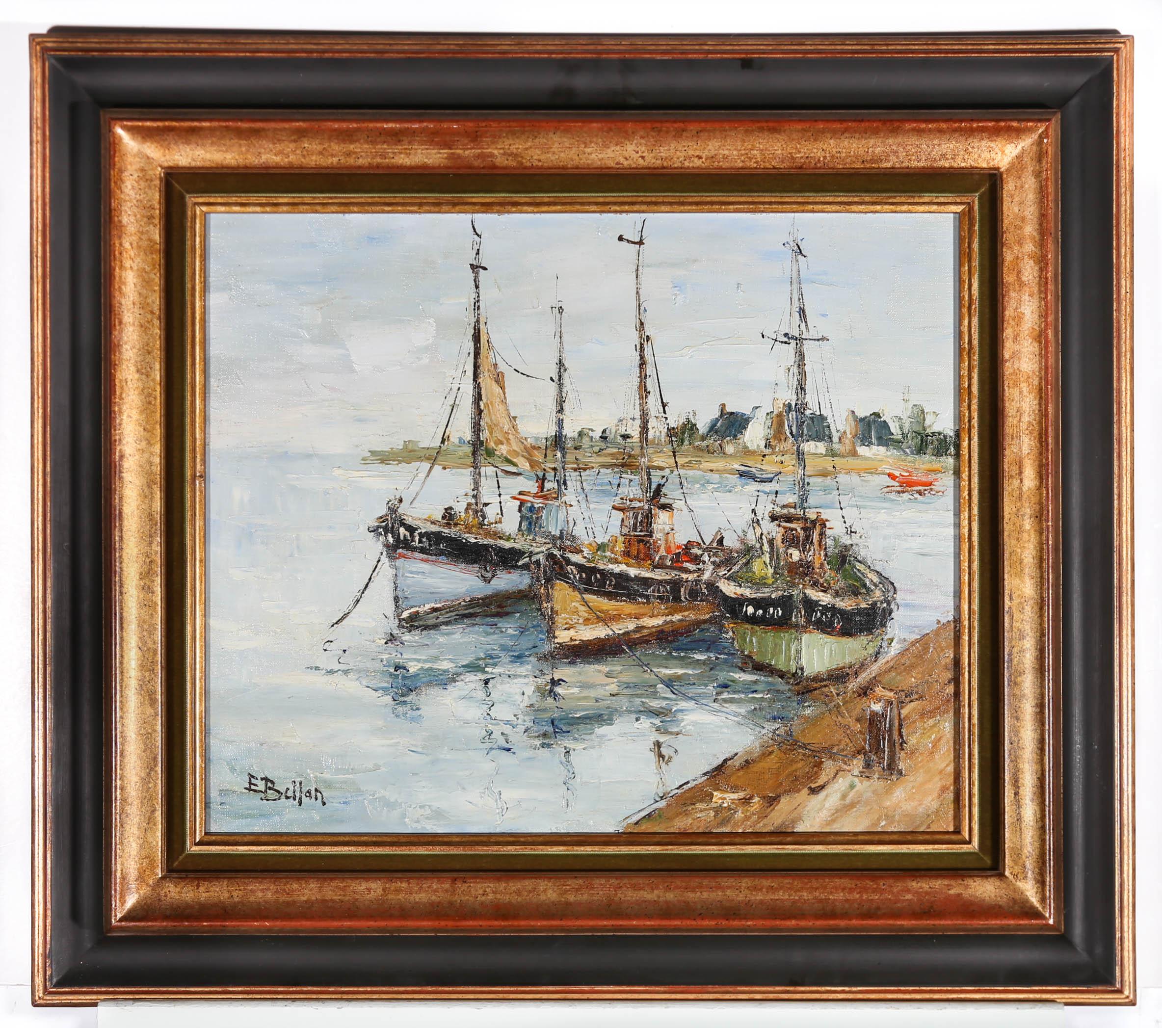 Etienne Bellan (1922-2000) - Framed Oil, Three Fishing Boats at the Quayside For Sale 2