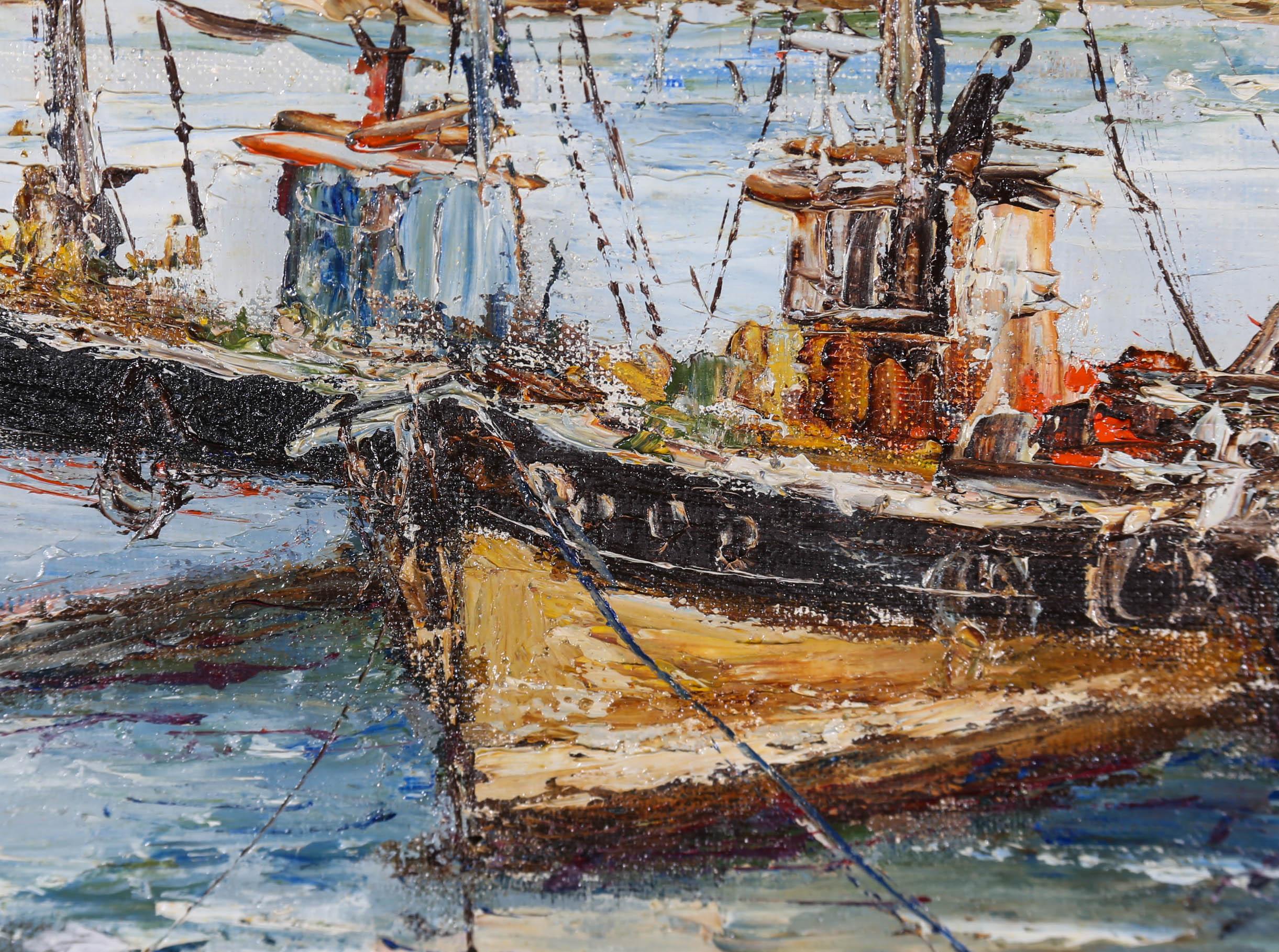 Etienne Bellan (1922-2000) - Framed Oil, Three Fishing Boats at the Quayside For Sale 4