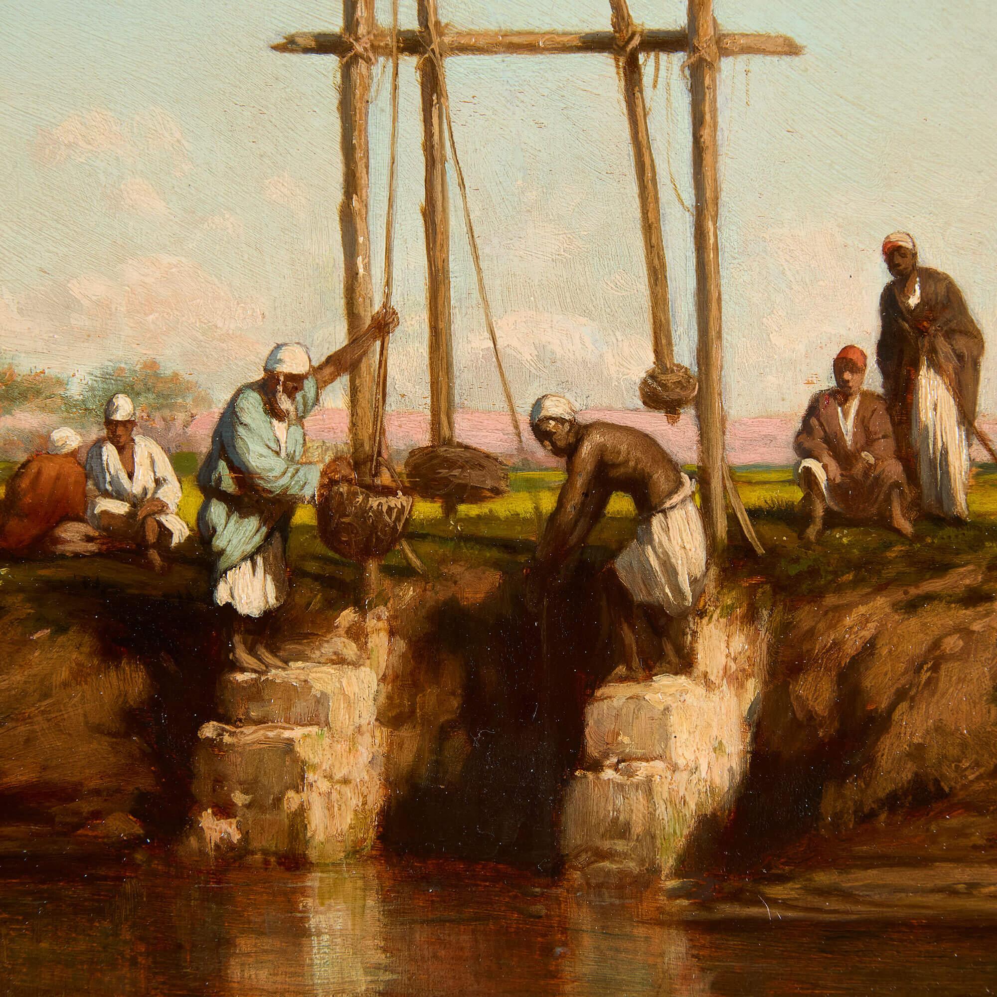 Pintura al óleo figurativa orientalista del Nilo, El Cairo, de Billet - Landscape Painting Marrón de Etienne Billet