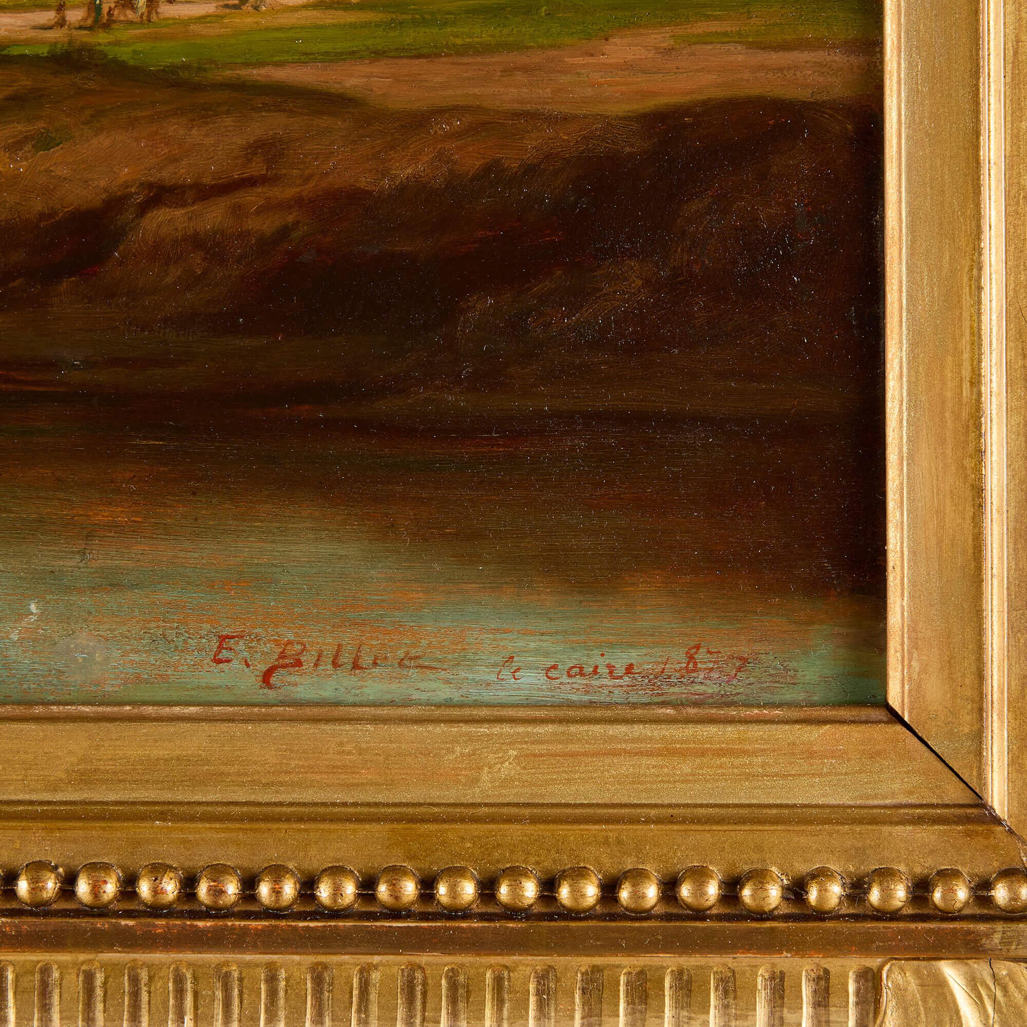 Óleo figurativo orientalista del Nilo, El Cairo por Billet
Francés, 1877
Panel: Alto 38 cm, ancho 58 cm
Armazón: Altura 60 cm, anchura 80 cm, profundidad 8 cm

Este exquisito óleo sobre tabla, pintado en 1877 por el célebre artista francés Étienne
