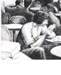 Personnes Attablées au Café - Gravure et pointe sèche de E. Bouchaud