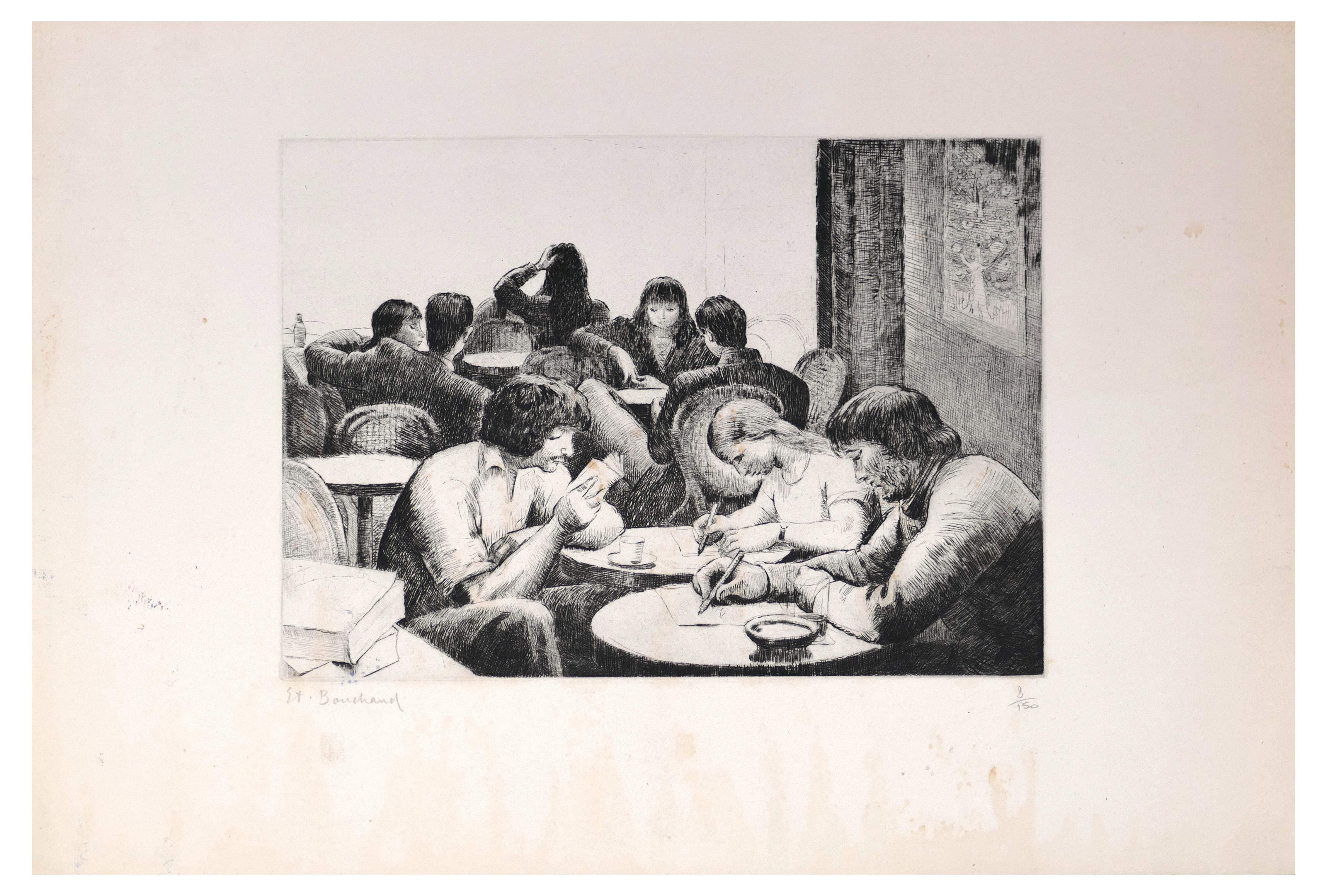 Personnes Attablées au Café - Etching and Drypoint by E. Bouchaud