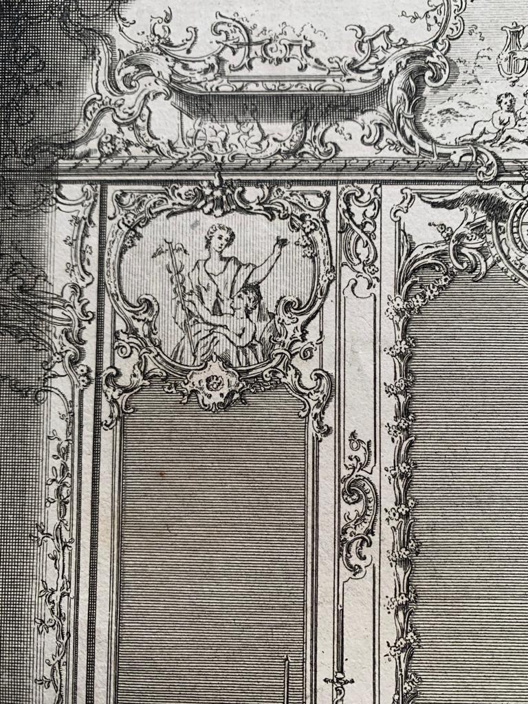 Nice and large engraving by Etienne Charpentier (1705- 1764). It shows a view of the interior decoration of the gallery of the Hotel Villars. There are also some more technical elements in the lower part of the engraving. It is numbered 5.7. This
