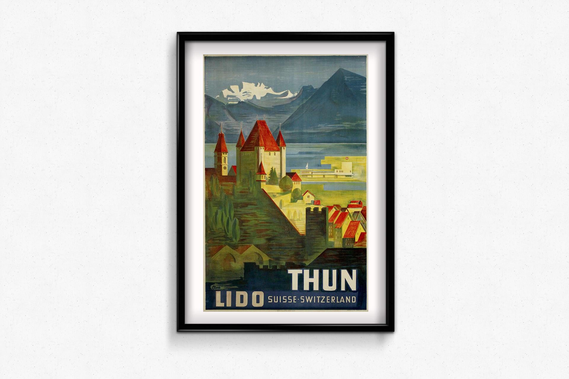 Circa 1940 affiche de voyage originale d'Etienne Clare - Thun Lido Suisse en vente 1