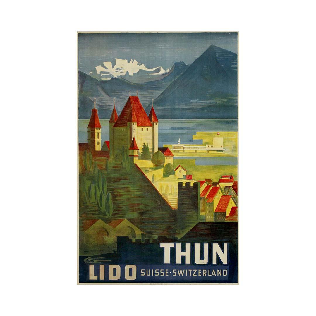 Circa 1940 affiche de voyage originale d'Etienne Clare - Thun Lido Suisse en vente 3