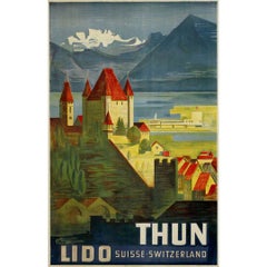 Circa 1940 affiche de voyage originale d'Etienne Clare - Thun Lido Suisse