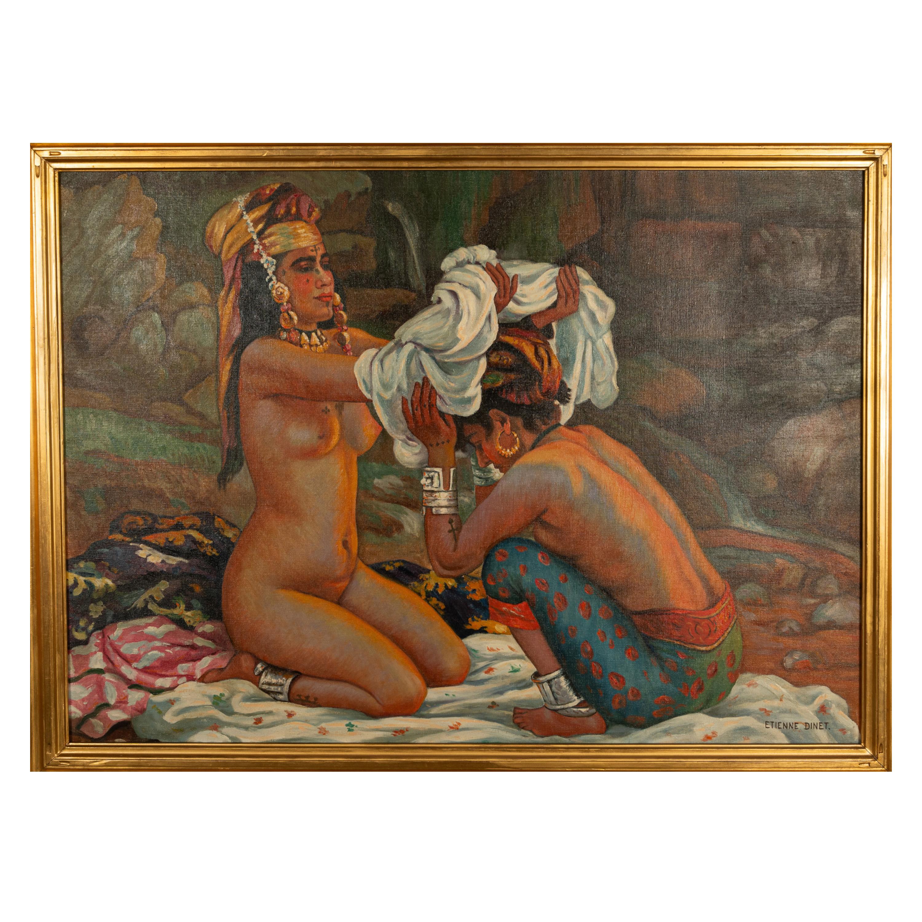 Grande pittura orientale ad olio dell'Algeria nordafricana con donne berbere tatuate e nude - Painting di Etienne Dinet 