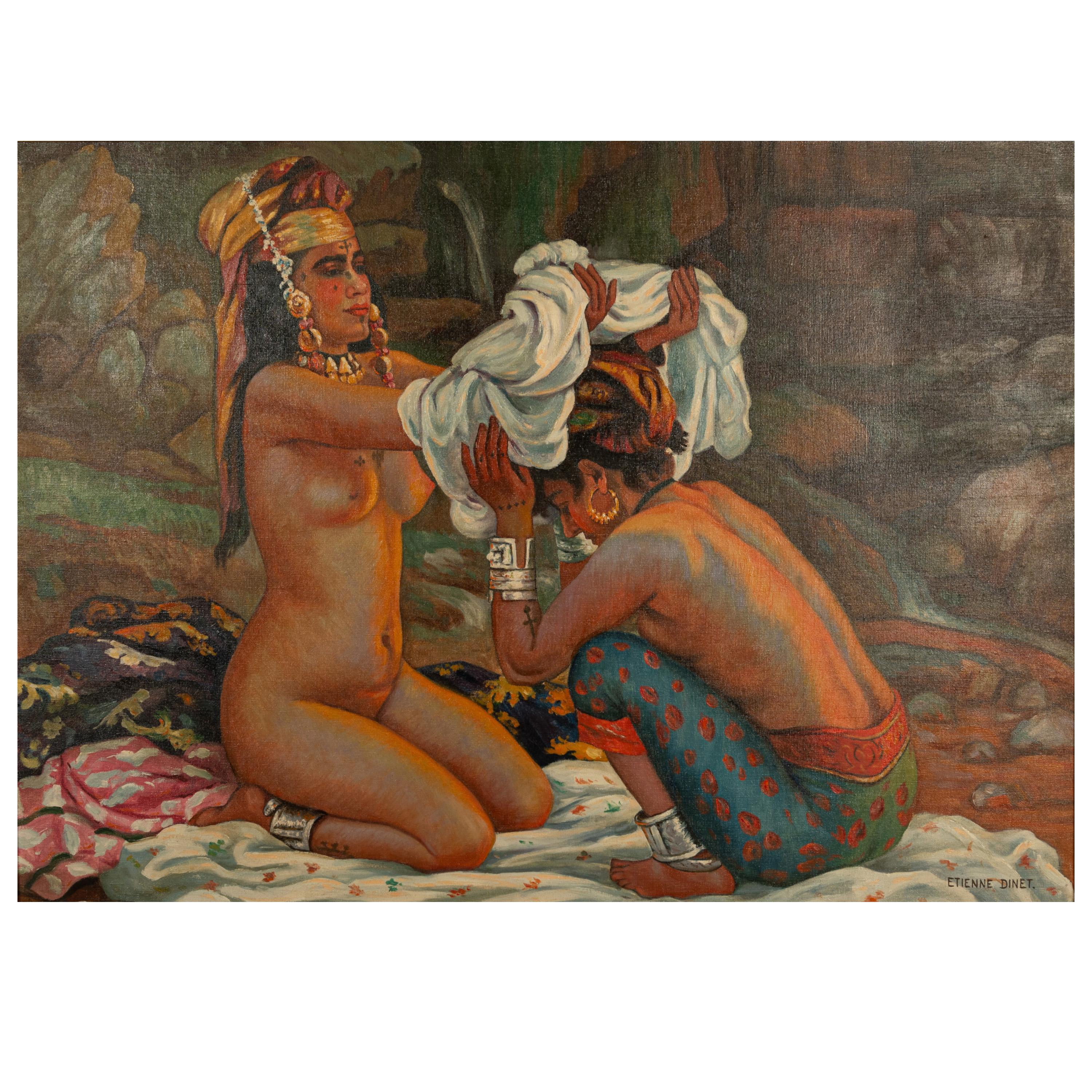 Grande pittura orientale ad olio dell'Algeria nordafricana con donne berbere tatuate e nude - Painting Scuola francese di Etienne Dinet 
