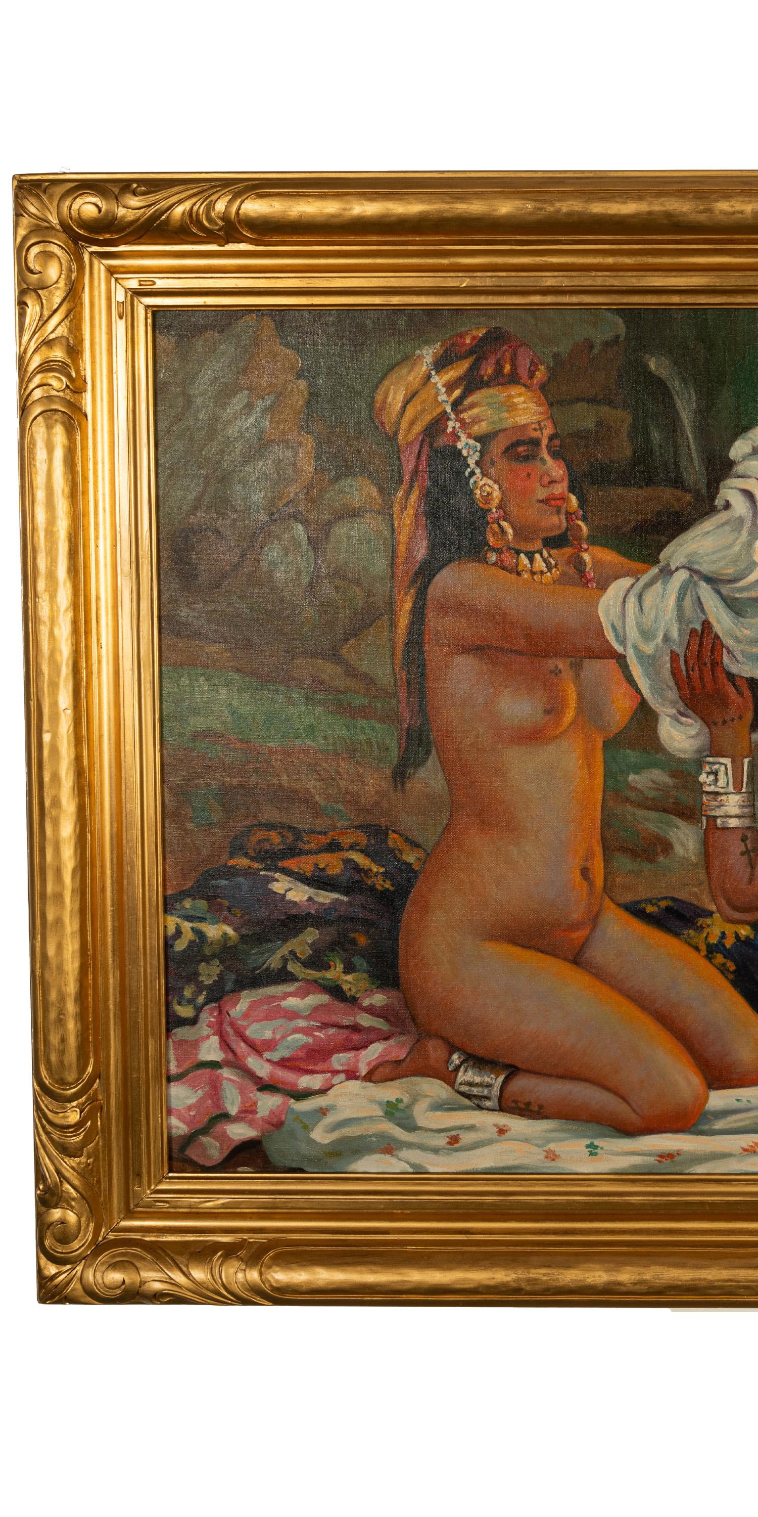 Grande pittura orientale ad olio dell'Algeria nordafricana con donne berbere tatuate e nude - Figurative Painting Marrone di Etienne Dinet 