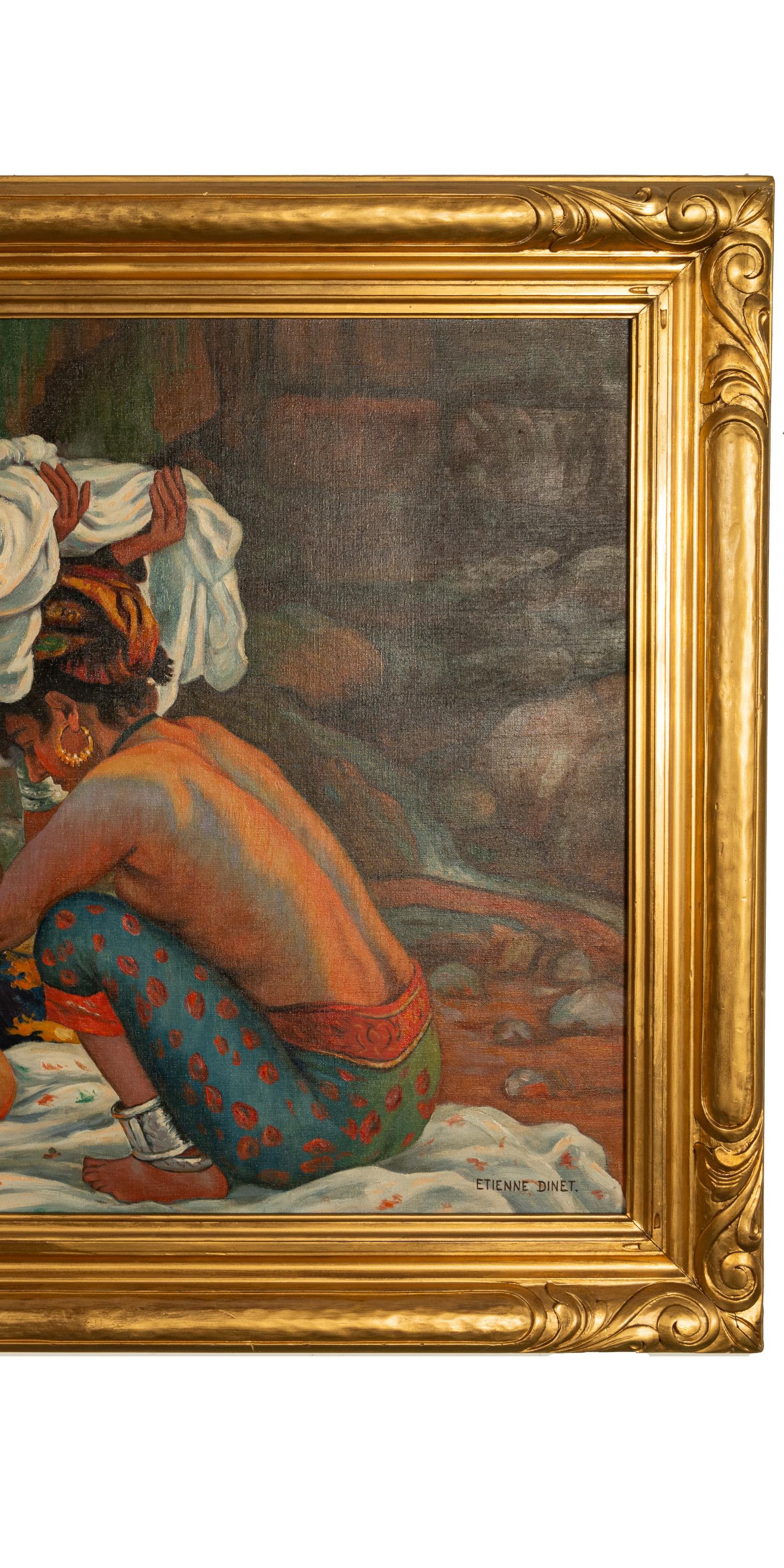 Un grande e importante dipinto a olio orientalista di Nasreddine Dinet (nato Alphonse-Etienne Dinet) Francia 1861-1929.
Il dipinto raffigura due giovani donne berbere nordafricane (Amazigh), una tenera rappresentazione dei 
