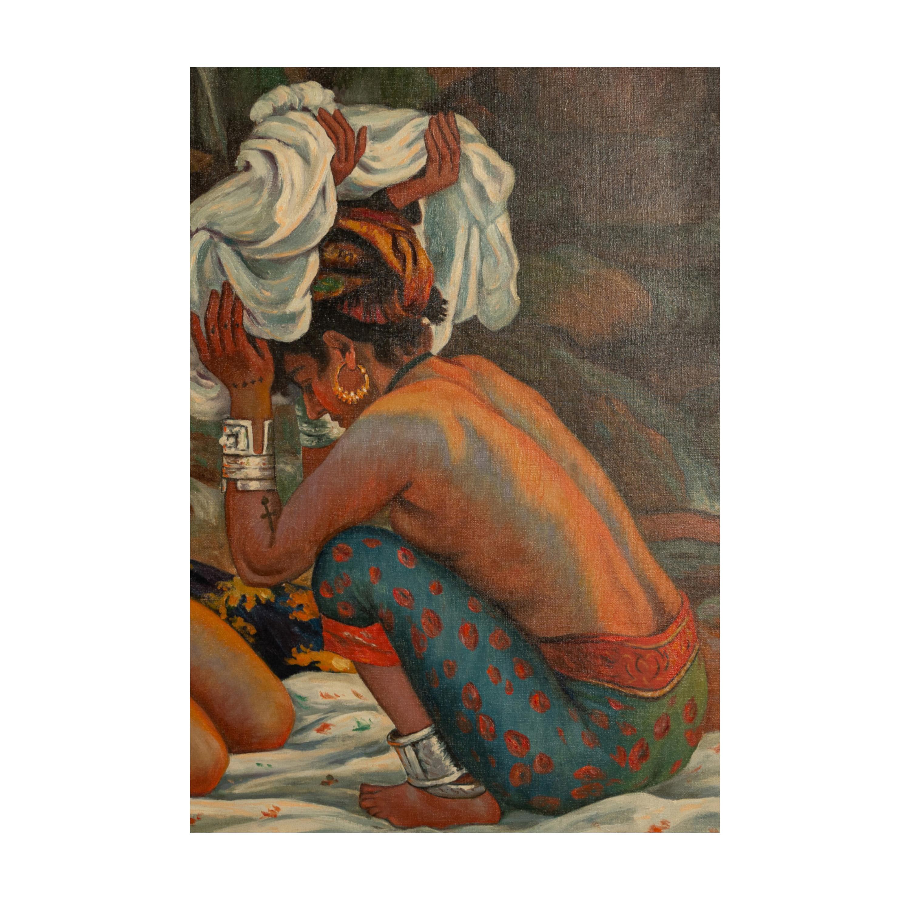 Grande pittura orientale ad olio dell'Algeria nordafricana con donne berbere tatuate e nude in vendita 2