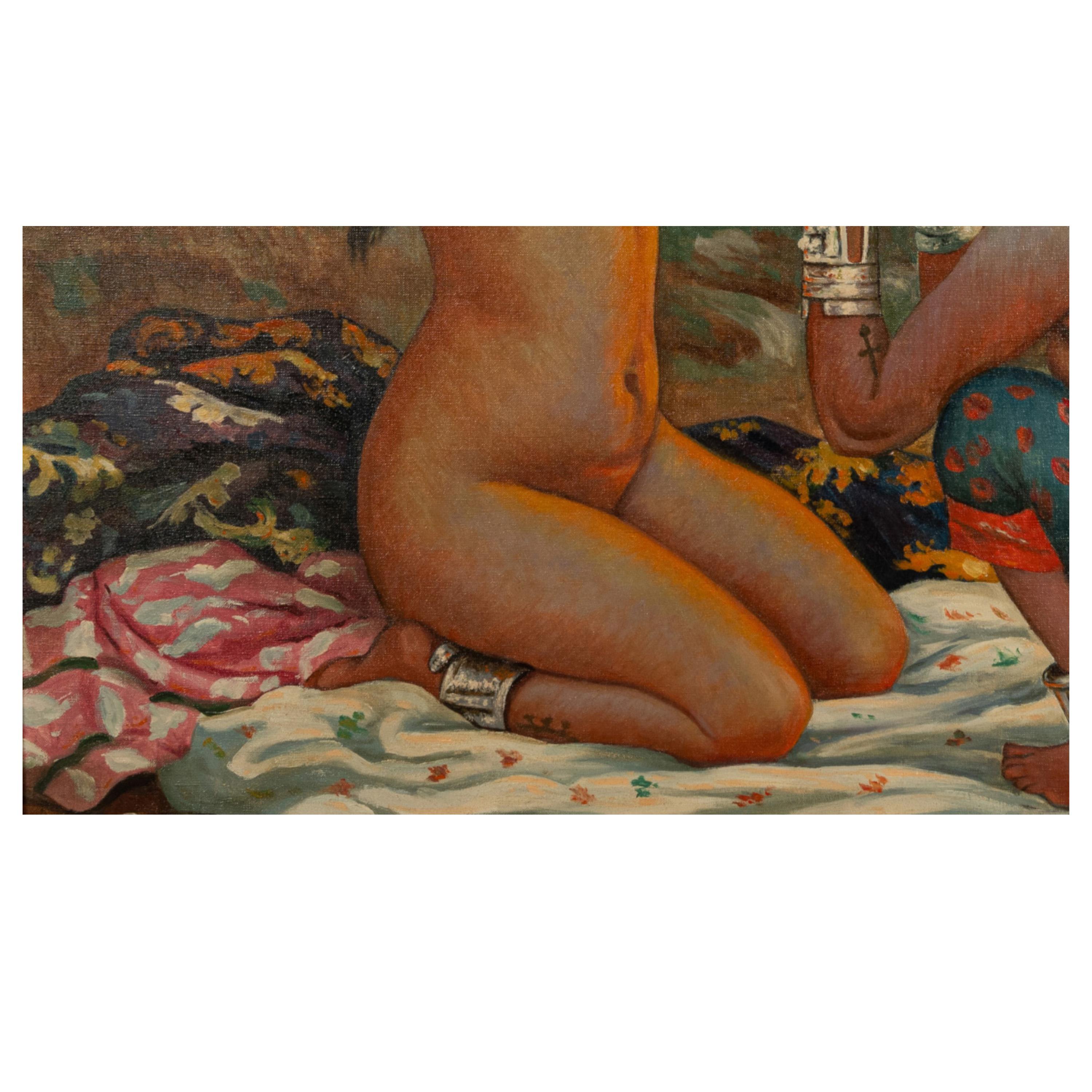 Grande pittura orientale ad olio dell'Algeria nordafricana con donne berbere tatuate e nude in vendita 3