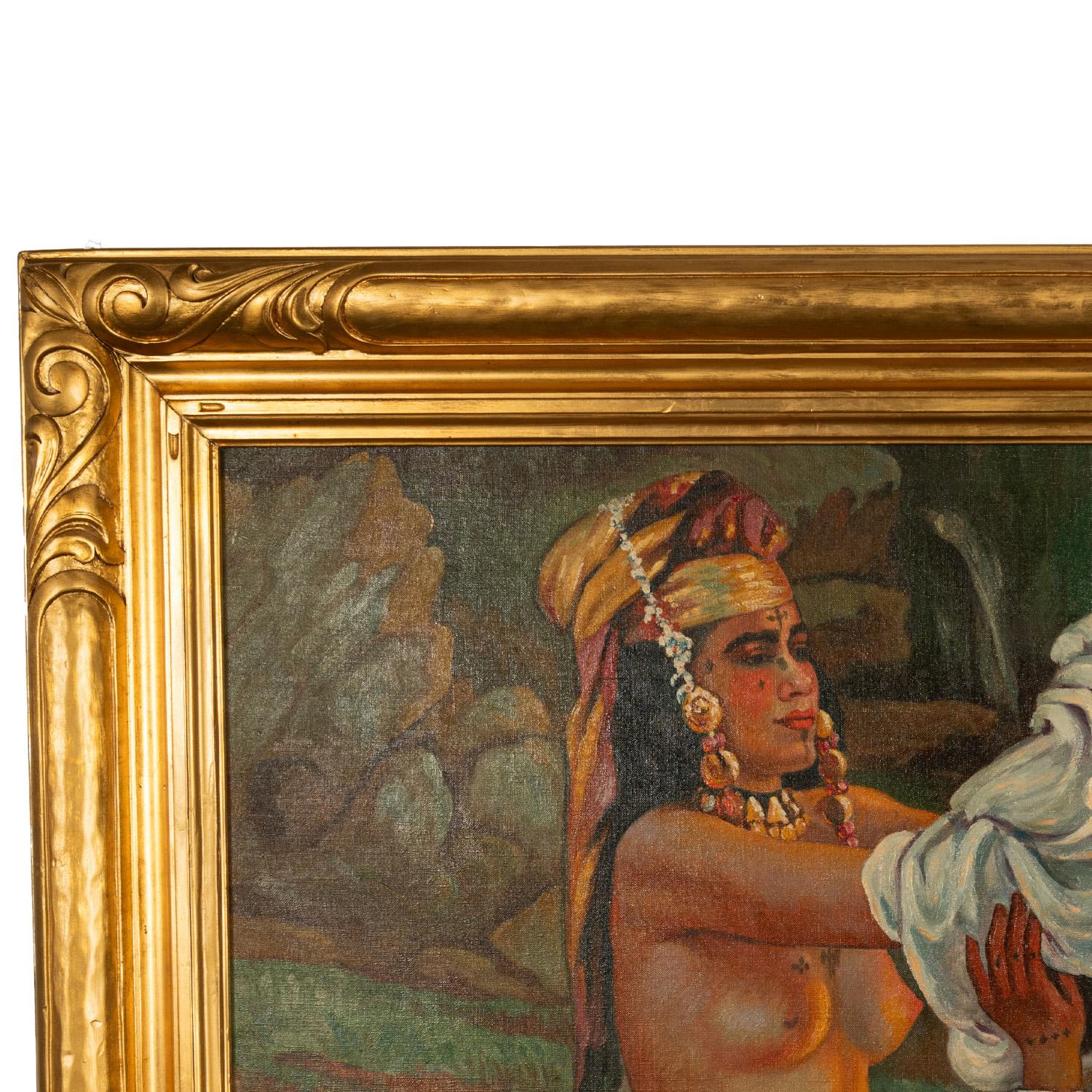 Grande pittura orientale ad olio dell'Algeria nordafricana con donne berbere tatuate e nude in vendita 4