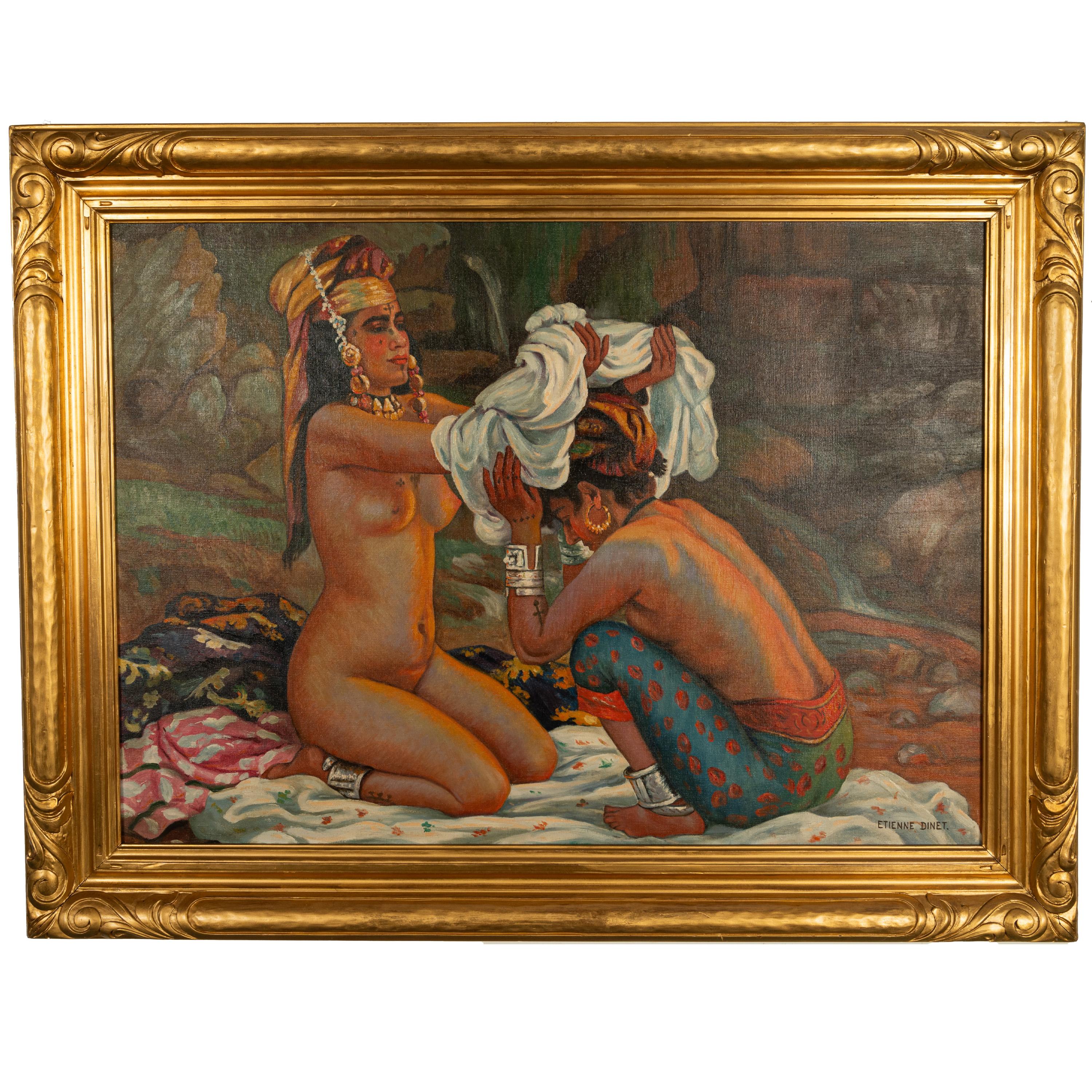Figurative Painting di Etienne Dinet  - Grande pittura orientale ad olio dell'Algeria nordafricana con donne berbere tatuate e nude