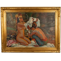 Large Orientalist Oil Painting North African Algeria Nude Tattooed Berber Women