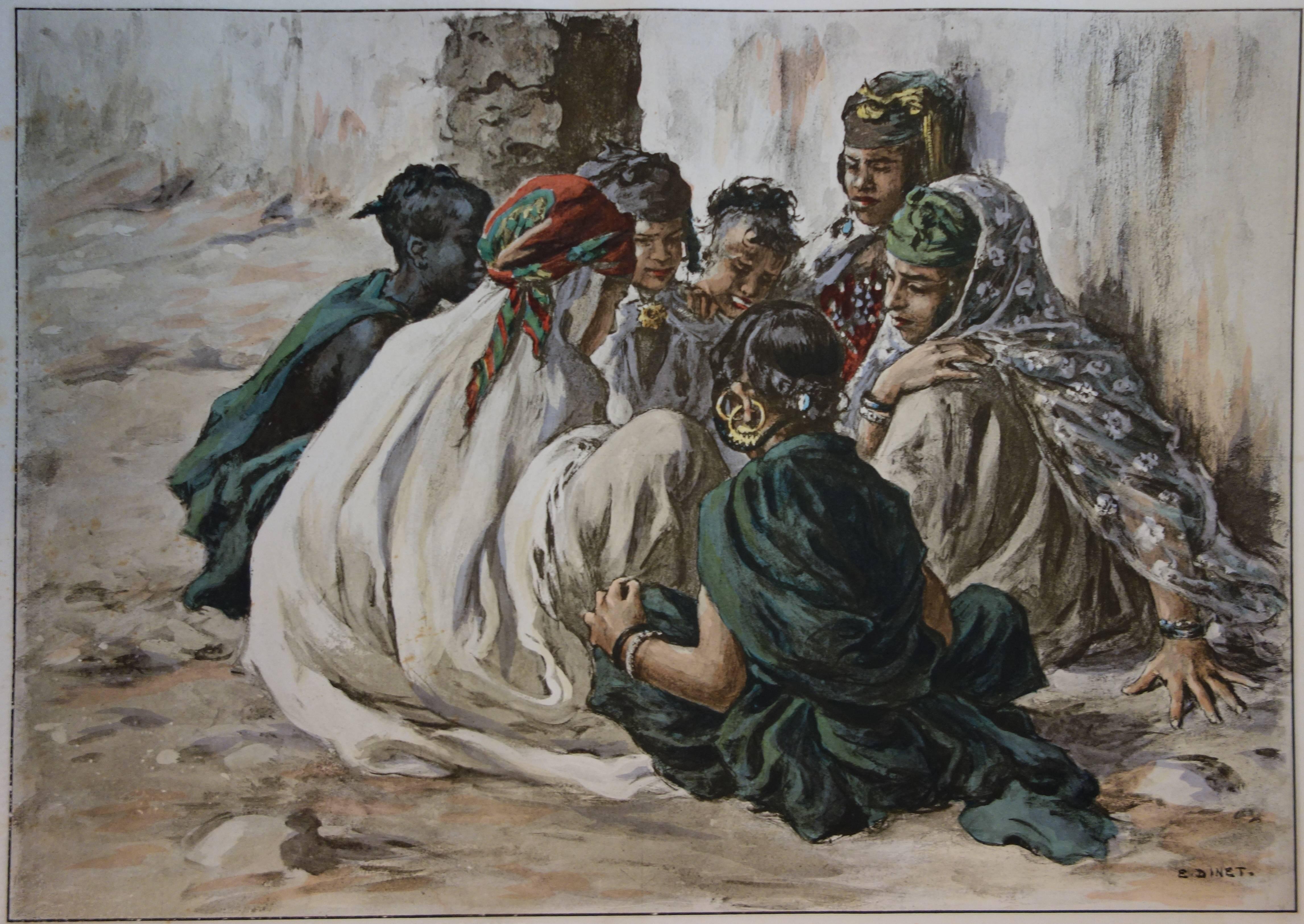 Orientalismo : Niñas jugando - Litografía original 1898 - Print Académico de Etienne Dinet 