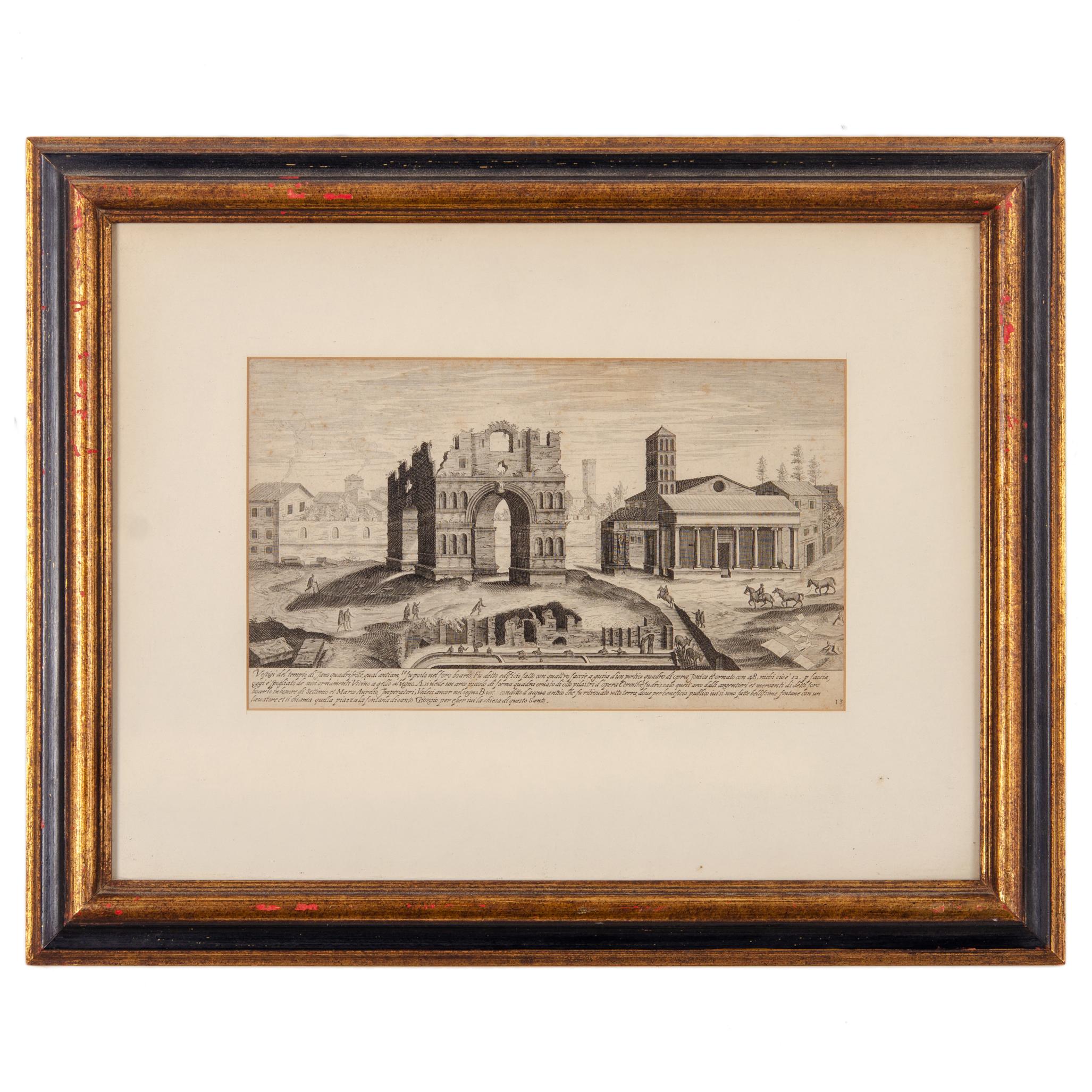 Étienne Dupérac

(French, 1535-1604)

A pair of etchings from I vestigi dell'antichita di Roma raccolti et ritratti in perspettiva depicting ruins of Ancient Rome, including the Temple of Janus and the Forum of Nerva.  It was originally published in