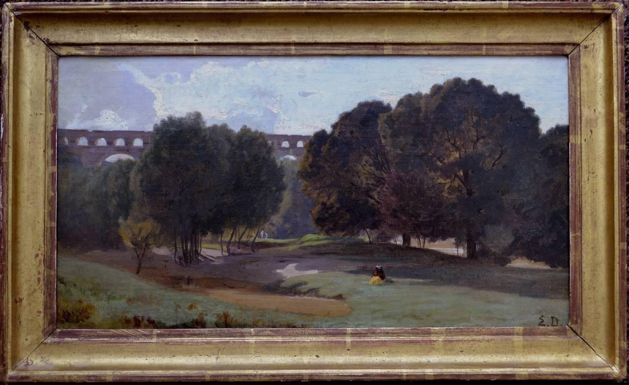 Etienne Duval Landscape Painting - Pont du Gard, Nimes    19th Century Landscape, oil