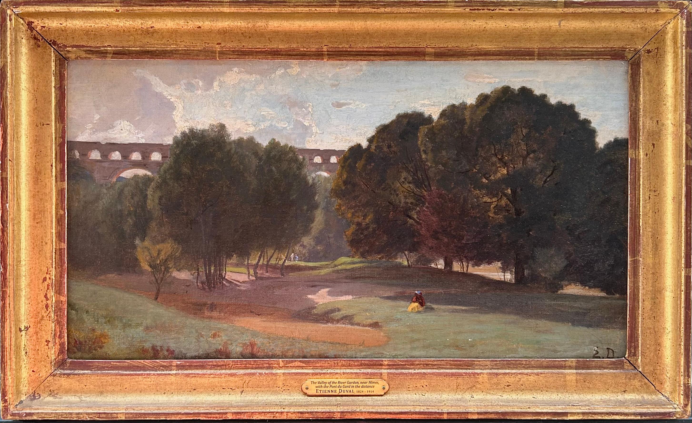 Landscape Painting di Etienne Duval - Pont du Gard, Nimes    Paesaggio del XIX secolo, olio