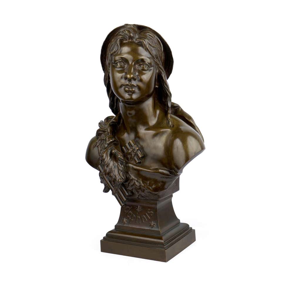 This powerful example of Romantic realism depicts the Greek mythological figure of Daphnis as a young musician wrapped in an animal skin garment with a woodwind syrinx tucked in the knotting. Born the son of Hermes, he was found under a laurel tree