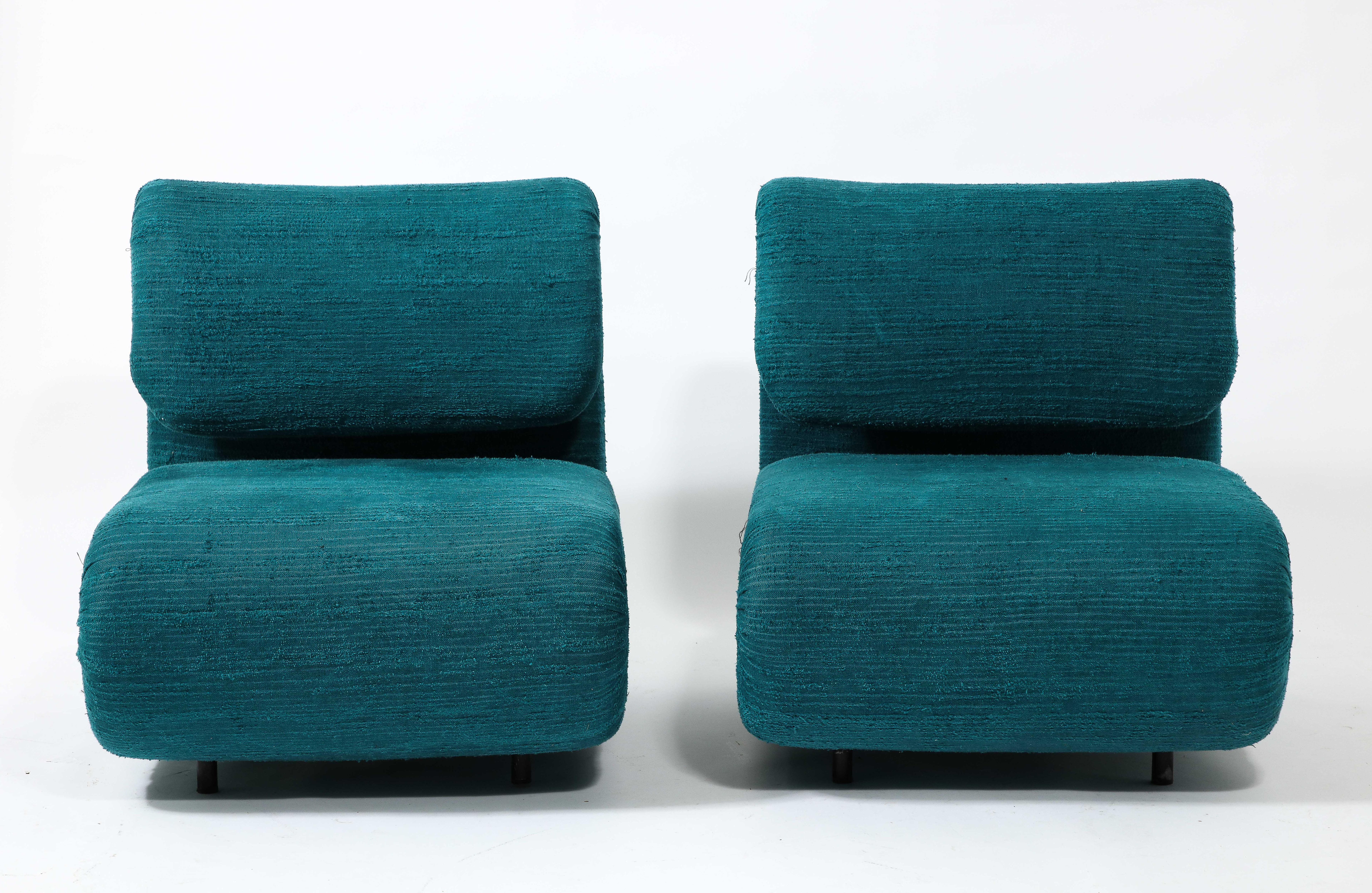 Etienne-Henri Martin Pair of 1500 Slipper Lounge Chairs in Teal, France 1960's For Sale 3