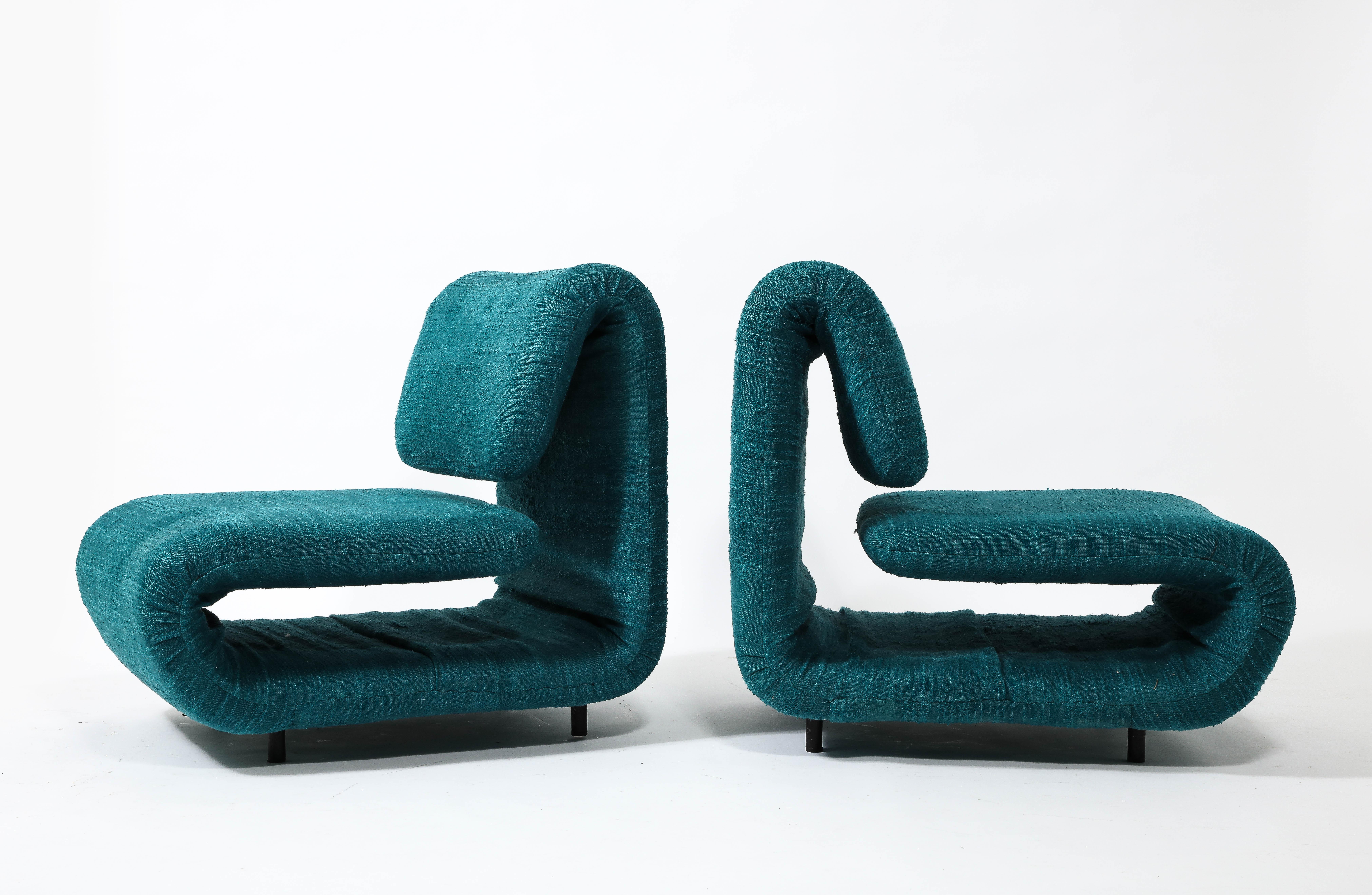 Mid-Century Modern Etienne-Henri Martin Pair of 1500 Slipper Lounge Chairs in Teal, France 1960's For Sale