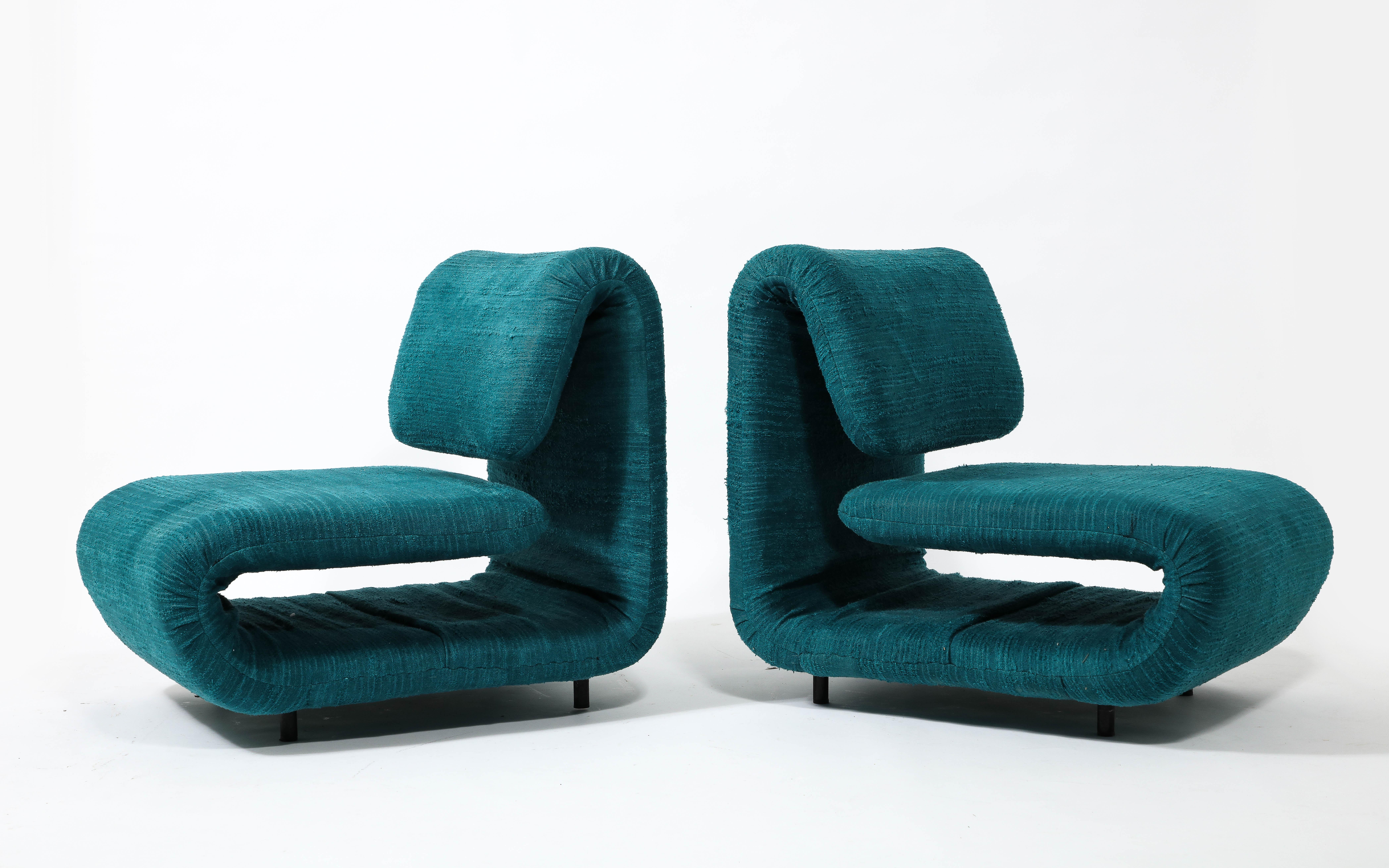 French Etienne-Henri Martin Pair of 1500 Slipper Lounge Chairs in Teal, France 1960's For Sale