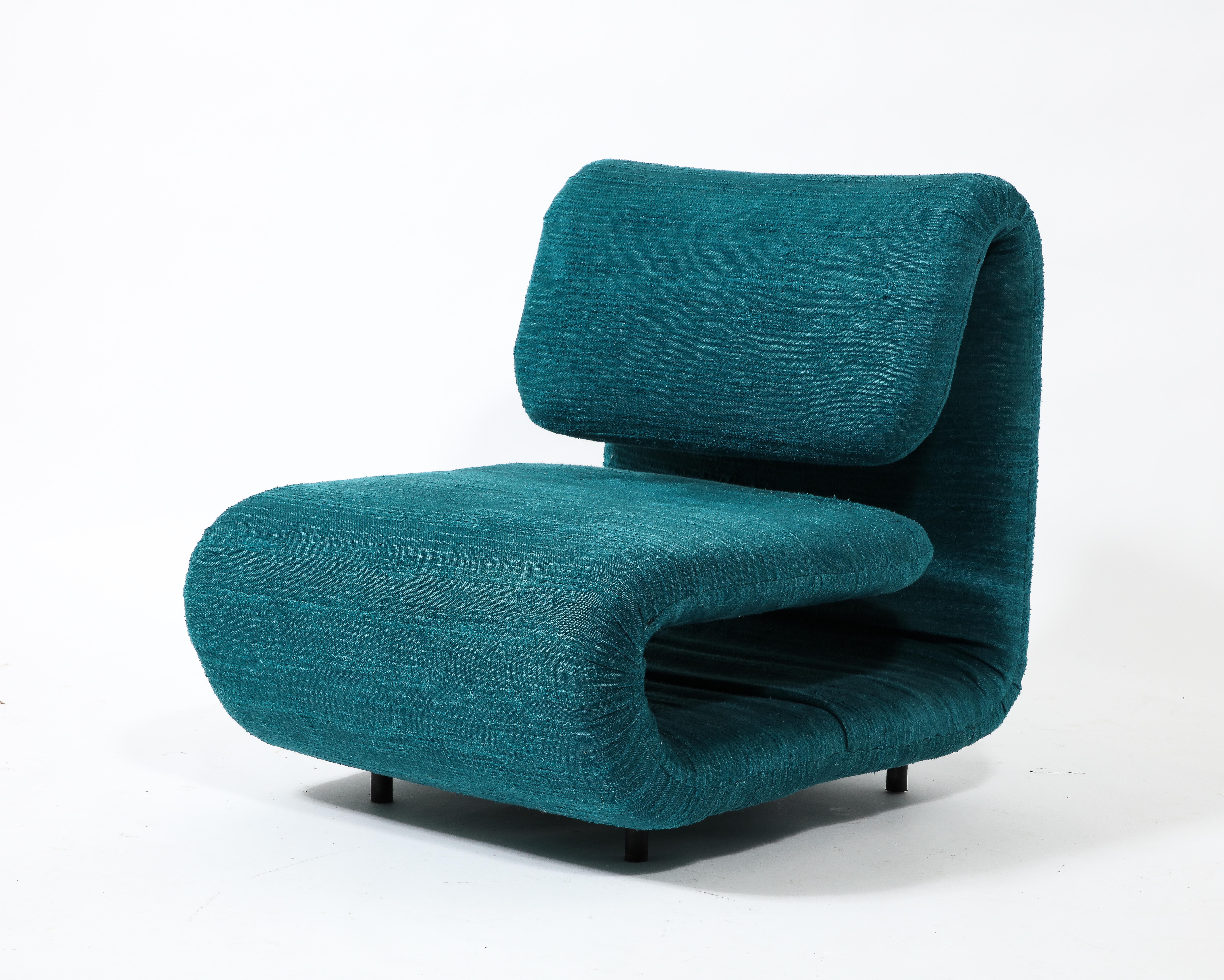Etienne-Henri Martin Pair of 1500 Slipper Lounge Chairs in Teal, France 1960's In Good Condition For Sale In New York, NY