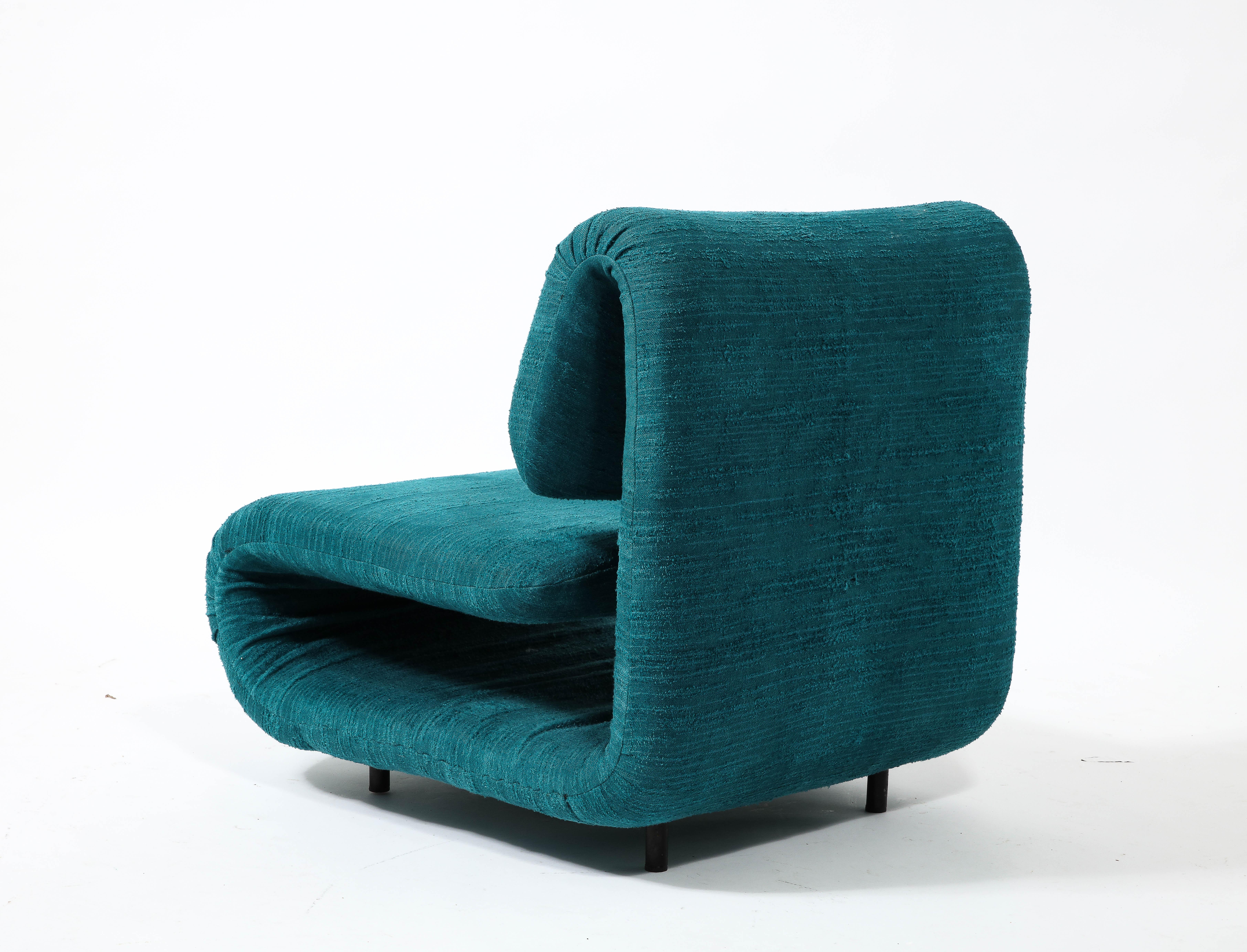 20th Century Etienne-Henri Martin Pair of 1500 Slipper Lounge Chairs in Teal, France 1960's For Sale