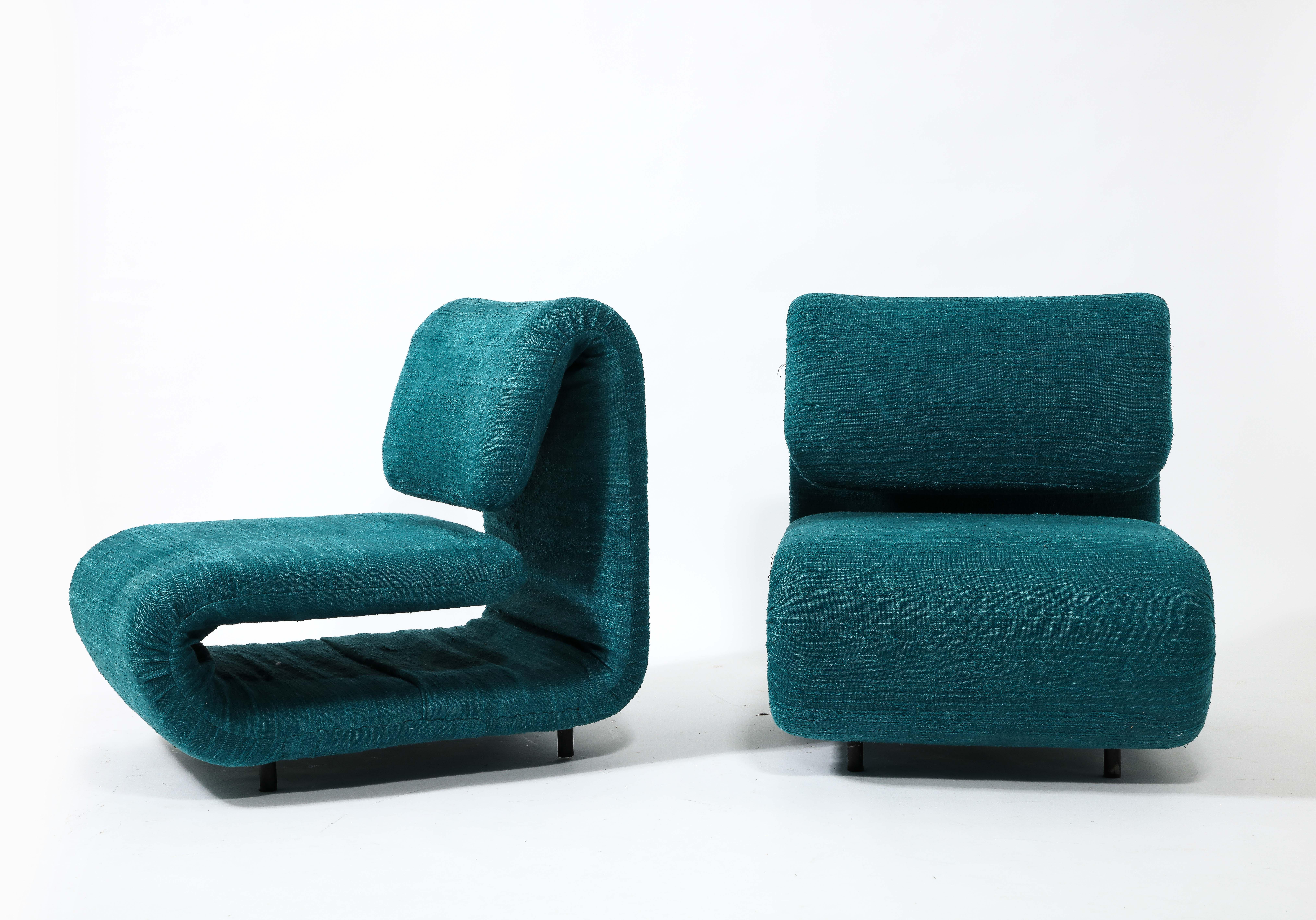 Steel Etienne-Henri Martin Pair of 1500 Slipper Lounge Chairs in Teal, France 1960's For Sale