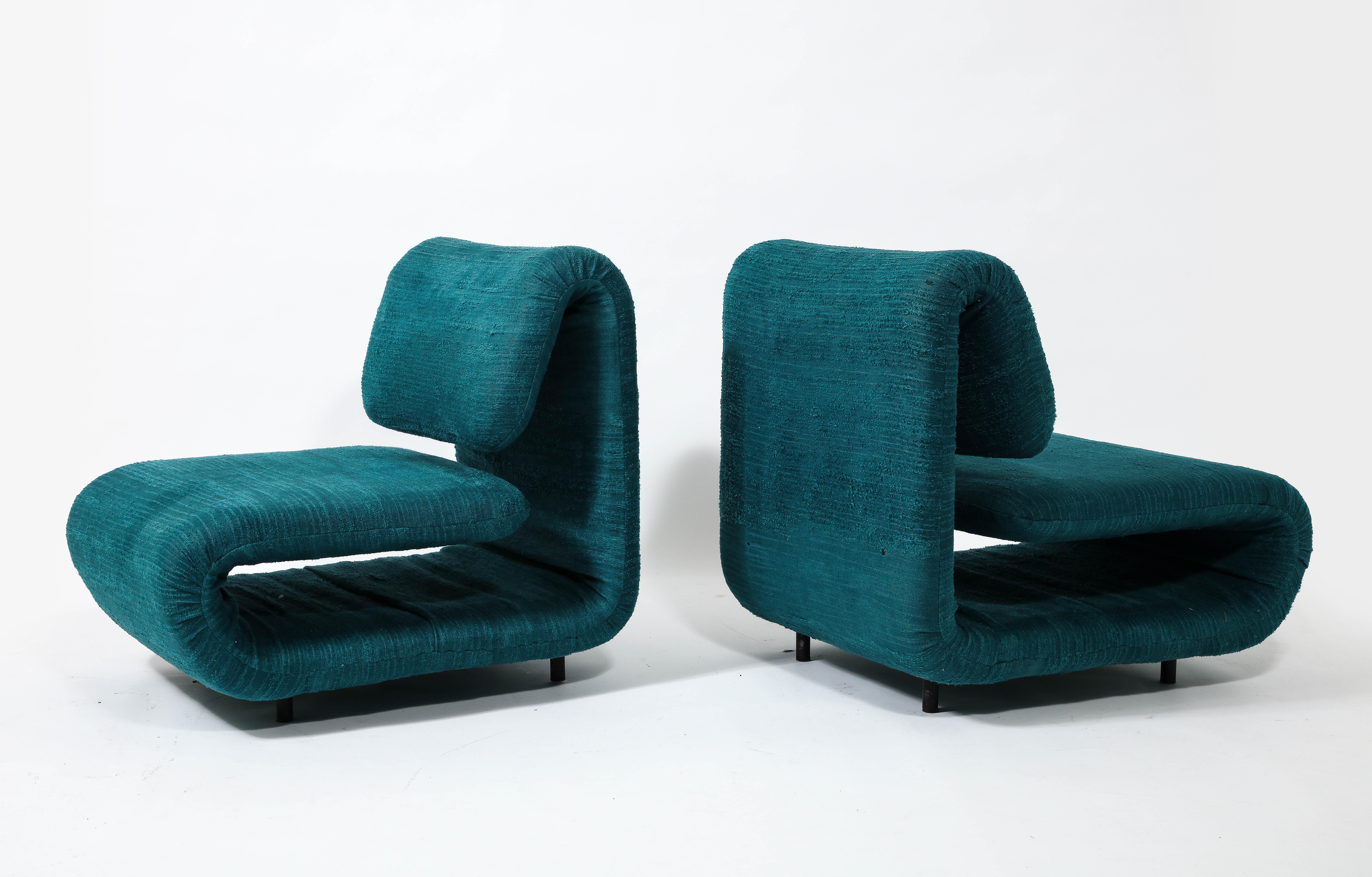 Etienne-Henri Martin Pair of 1500 Slipper Lounge Chairs in Teal, France 1960's For Sale 1